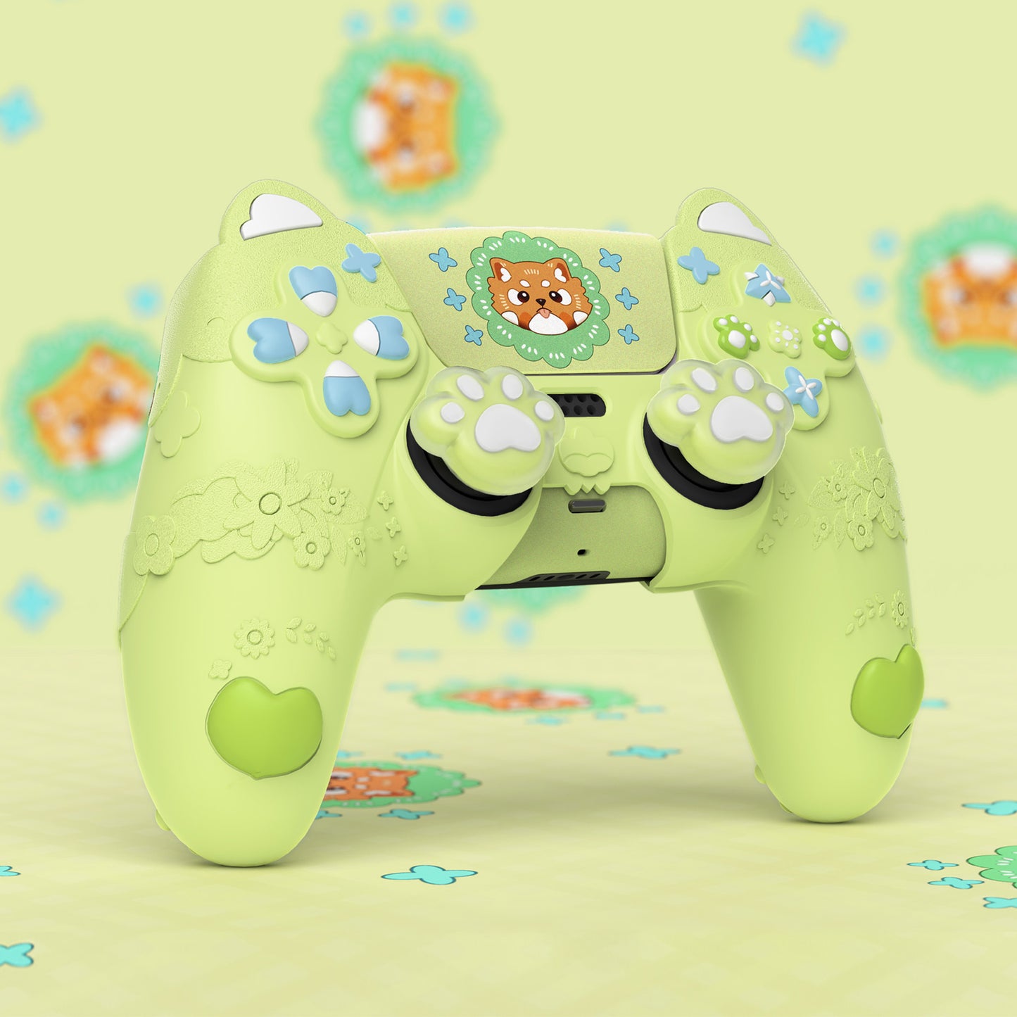 PlayVital かわいい春のレッサーパンダ シリコンカバー(ジョイスティックキャップ&ステッカー付き)PS5 コントローラー用 – 充電スタンド対応【ユーストマグリーン】