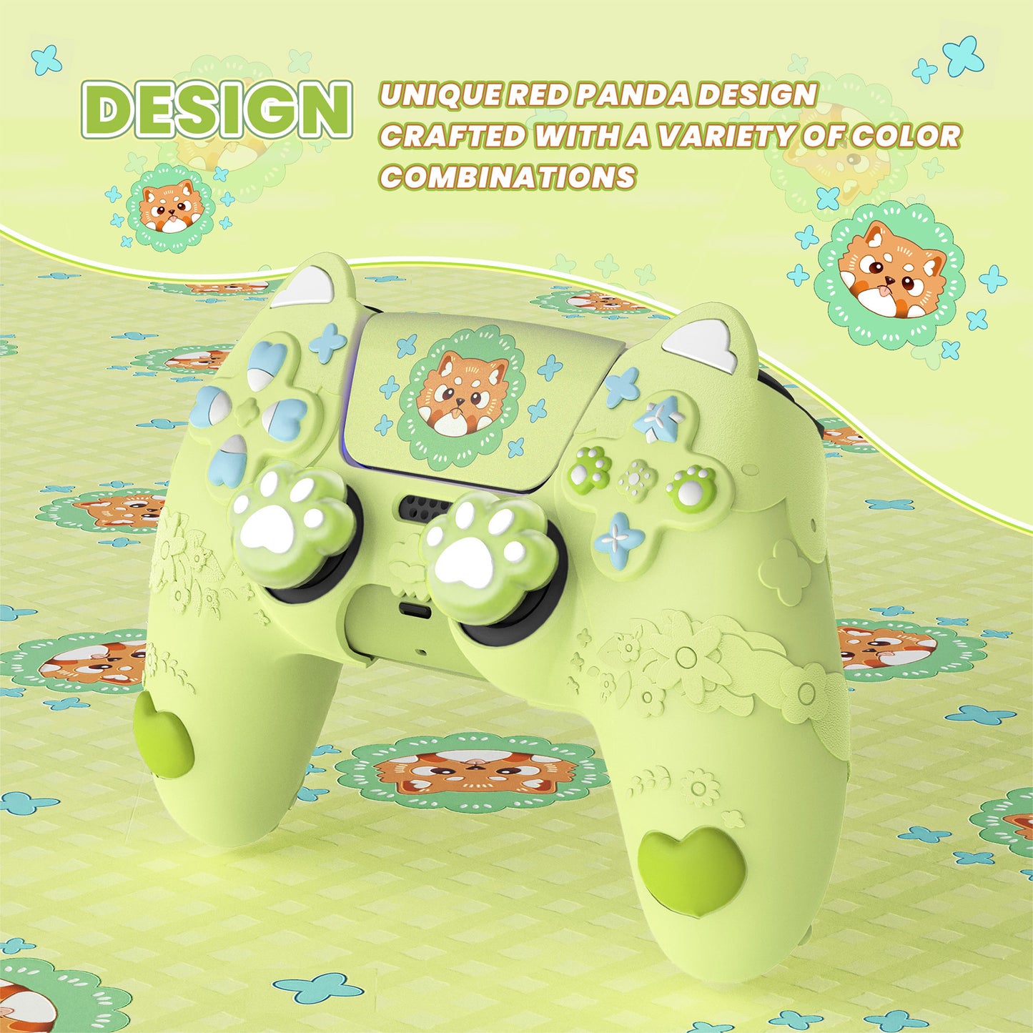 PlayVital かわいい春のレッサーパンダ シリコンカバー(ジョイスティックキャップ&ステッカー付き)PS5 コントローラー用 – 充電スタンド対応【ユーストマグリーン】