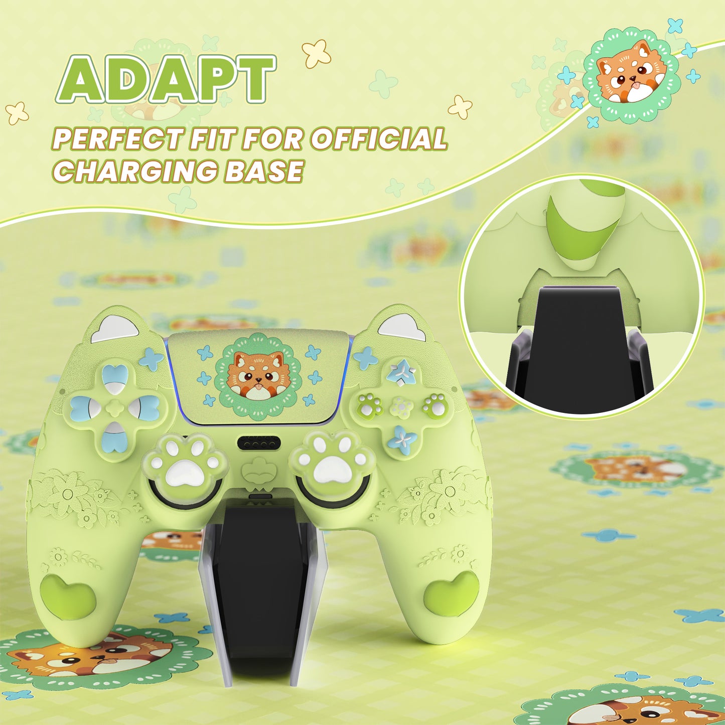 PlayVital かわいい春のレッサーパンダ シリコンカバー(ジョイスティックキャップ&ステッカー付き)PS5 コントローラー用 – 充電スタンド対応【ユーストマグリーン】