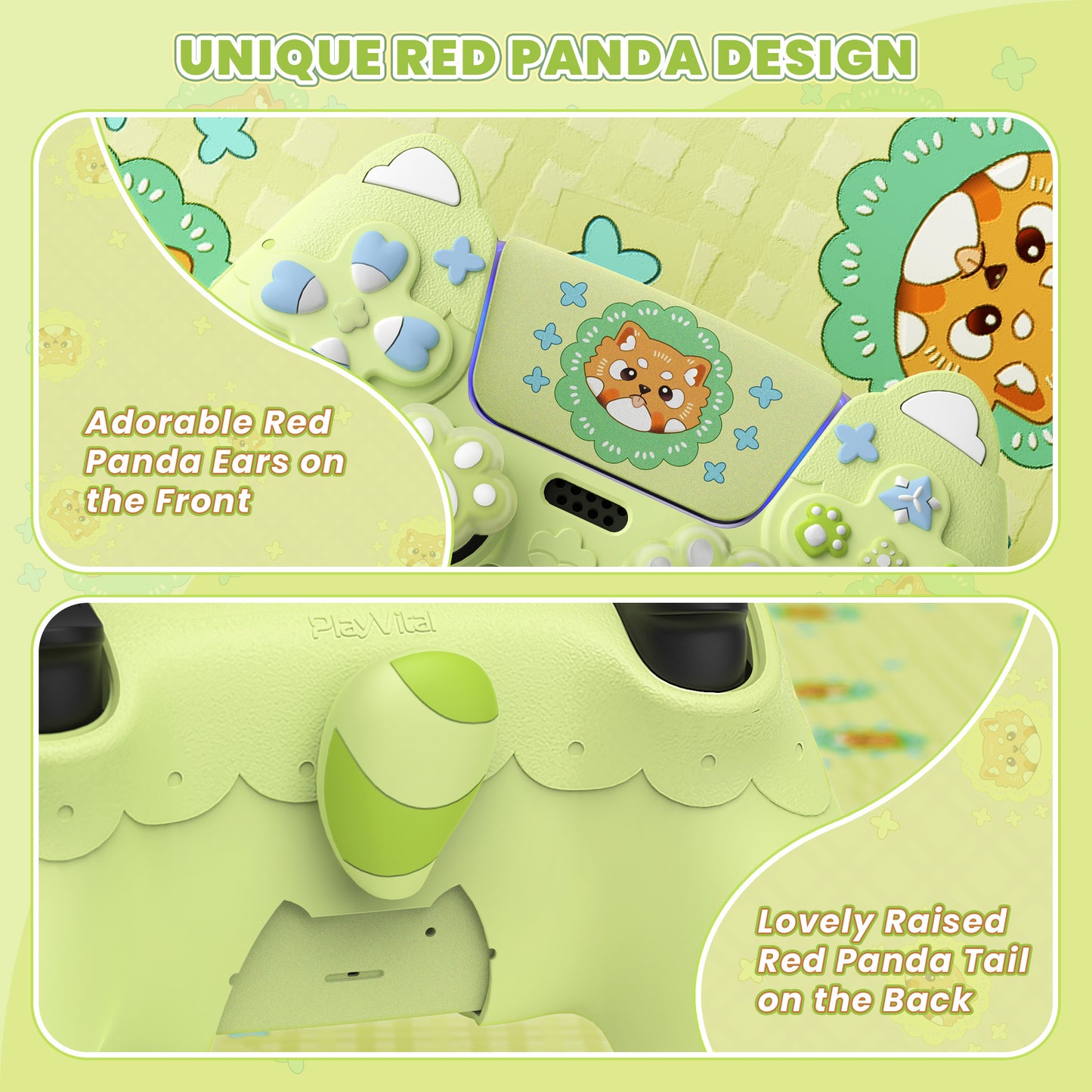 PlayVital かわいい春のレッサーパンダ シリコンカバー(ジョイスティックキャップ&ステッカー付き)PS5 コントローラー用 – 充電スタンド対応【ユーストマグリーン】