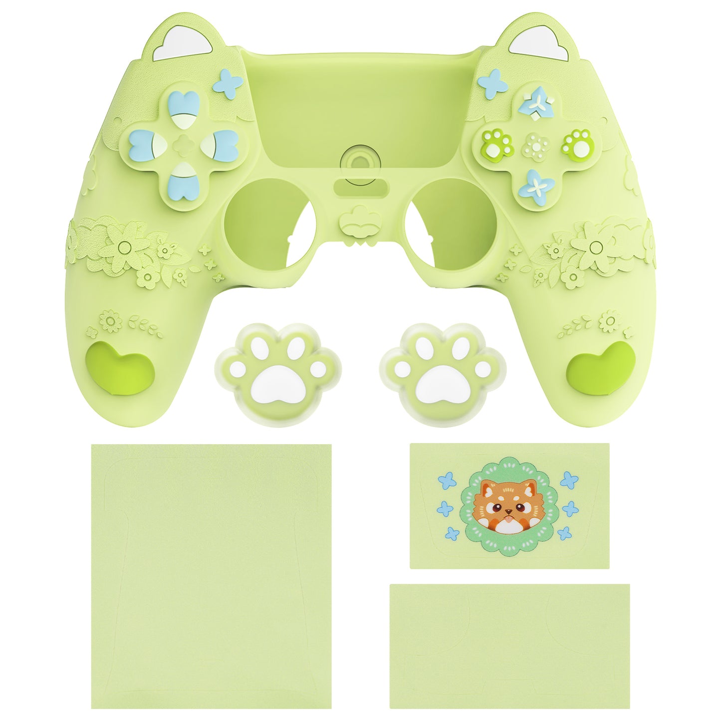 PlayVital かわいい春のレッサーパンダ シリコンカバー(ジョイスティックキャップ&ステッカー付き)PS5 コントローラー用 – 充電スタンド対応【ユーストマグリーン】