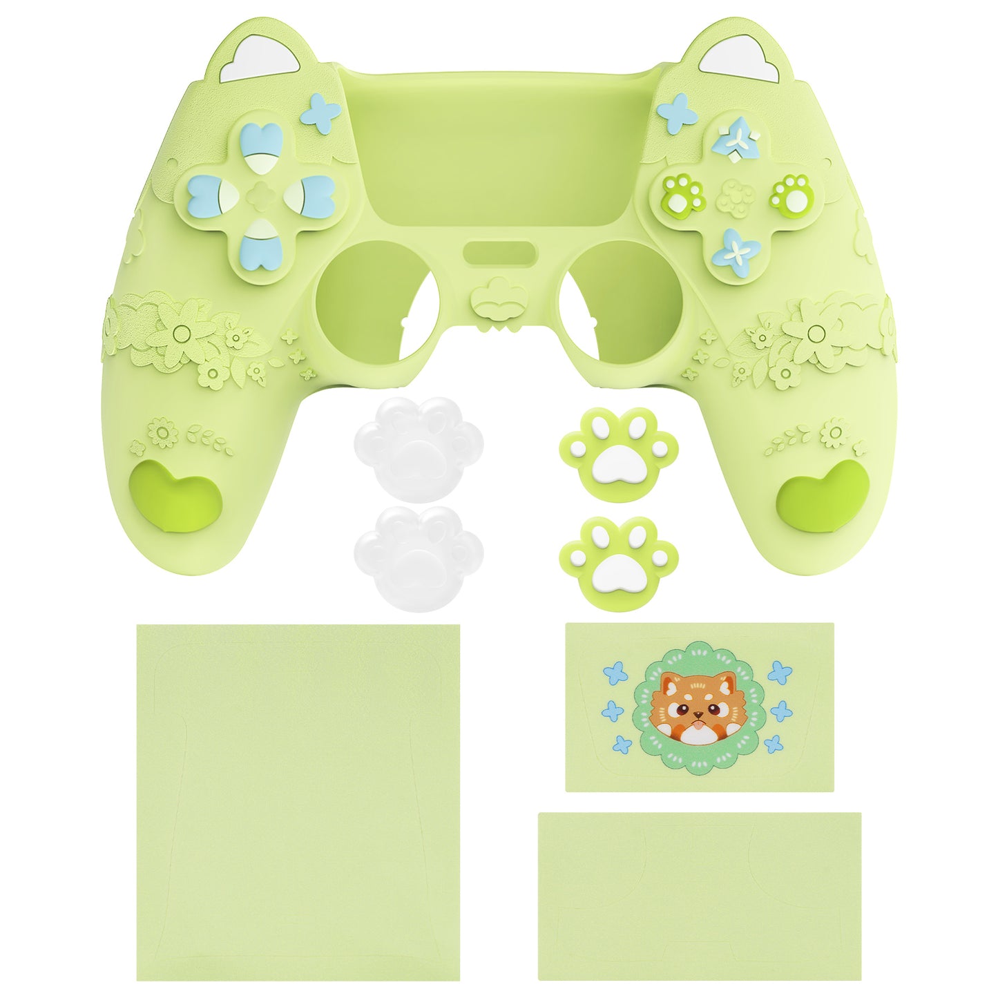 PlayVital かわいい春のレッサーパンダ シリコンカバー(ジョイスティックキャップ&ステッカー付き)PS5 コントローラー用 – 充電スタンド対応【ユーストマグリーン】