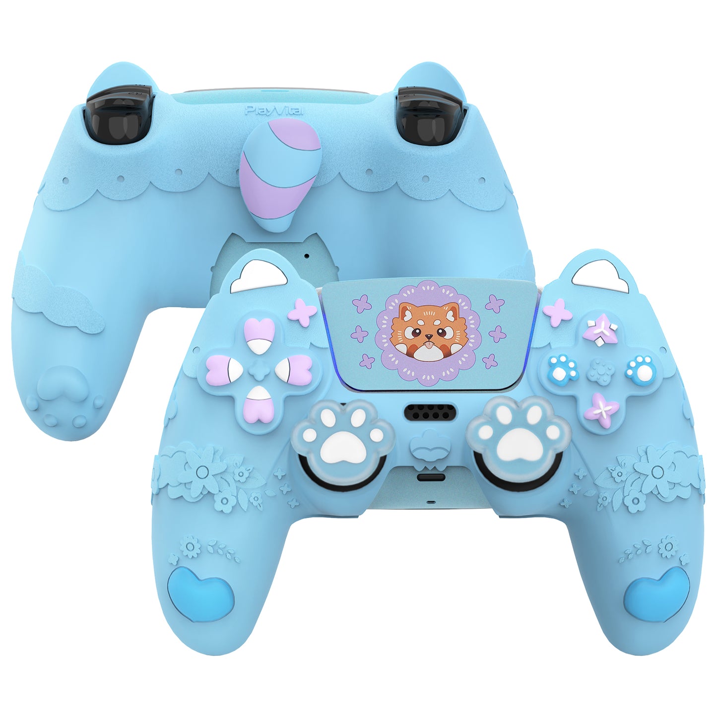 PlayVital かわいい春のレッサーパンダ シリコンカバー(ジョイスティックキャップ&ステッカー付き)PS5 コントローラー用 – 充電スタンド対応【ヘブンブルー】