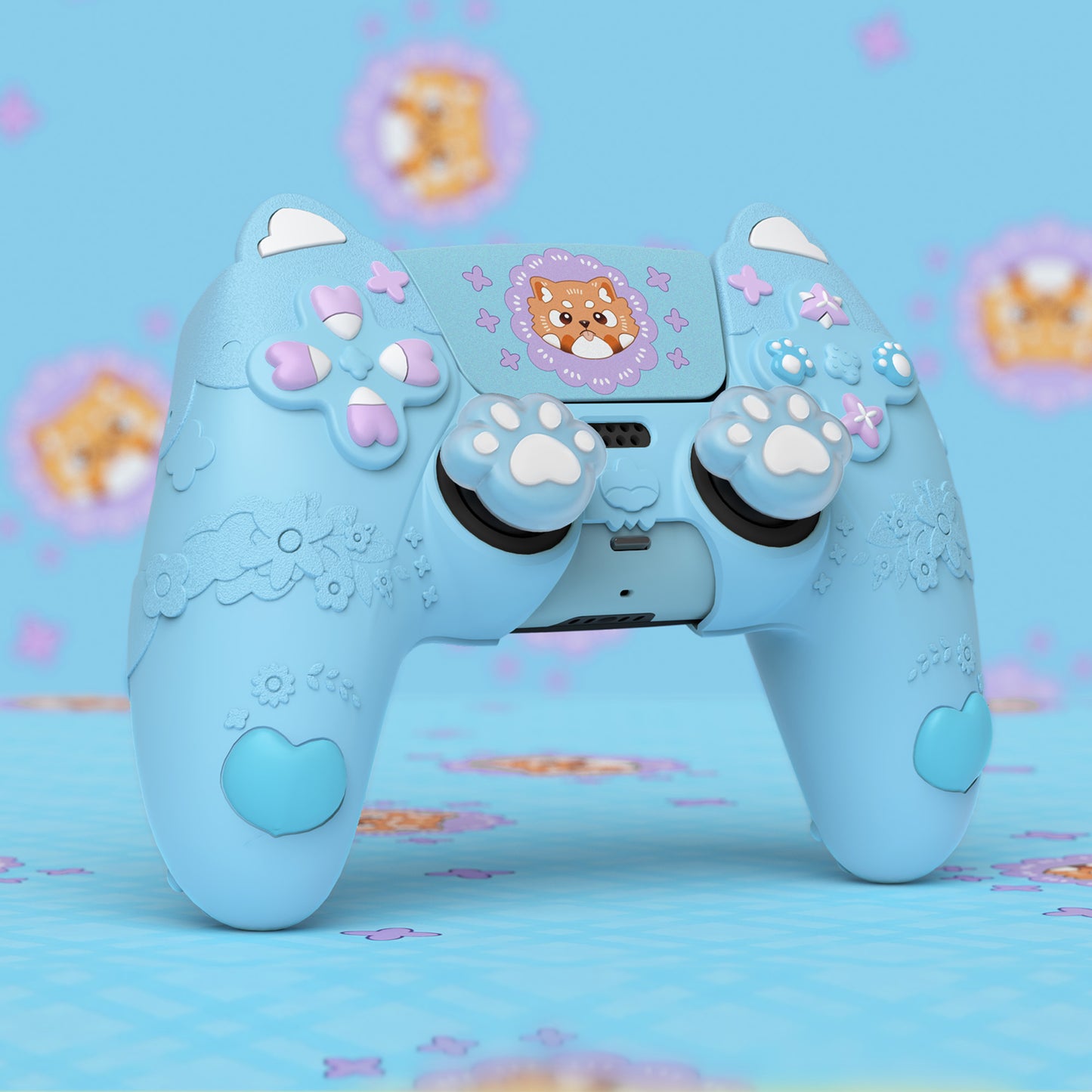 PlayVital かわいい春のレッサーパンダ シリコンカバー(ジョイスティックキャップ&ステッカー付き)PS5 コントローラー用 – 充電スタンド対応【ヘブンブルー】