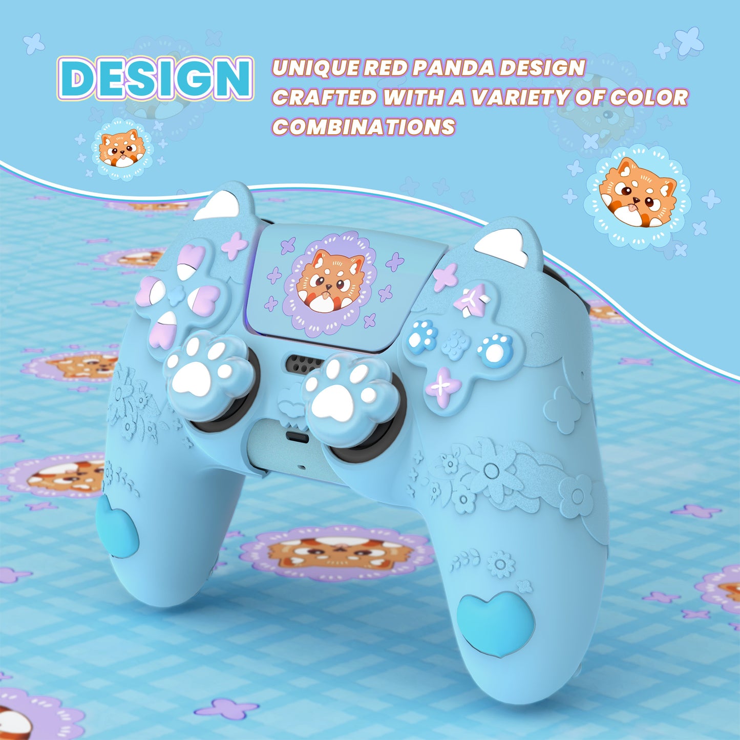 PlayVital かわいい春のレッサーパンダ シリコンカバー(ジョイスティックキャップ&ステッカー付き)PS5 コントローラー用 – 充電スタンド対応【ヘブンブルー】