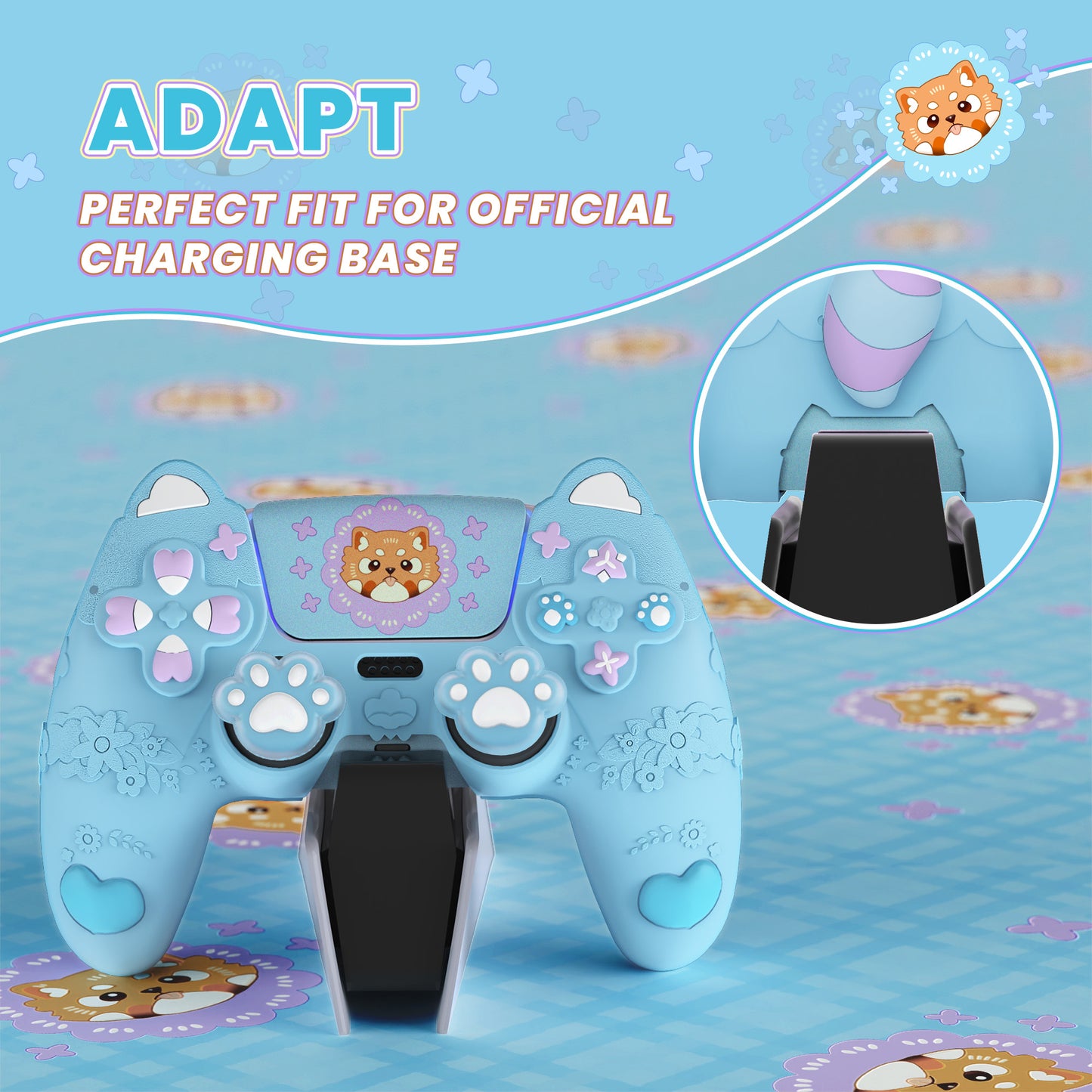 PlayVital かわいい春のレッサーパンダ シリコンカバー(ジョイスティックキャップ&ステッカー付き)PS5 コントローラー用 – 充電スタンド対応【ヘブンブルー】