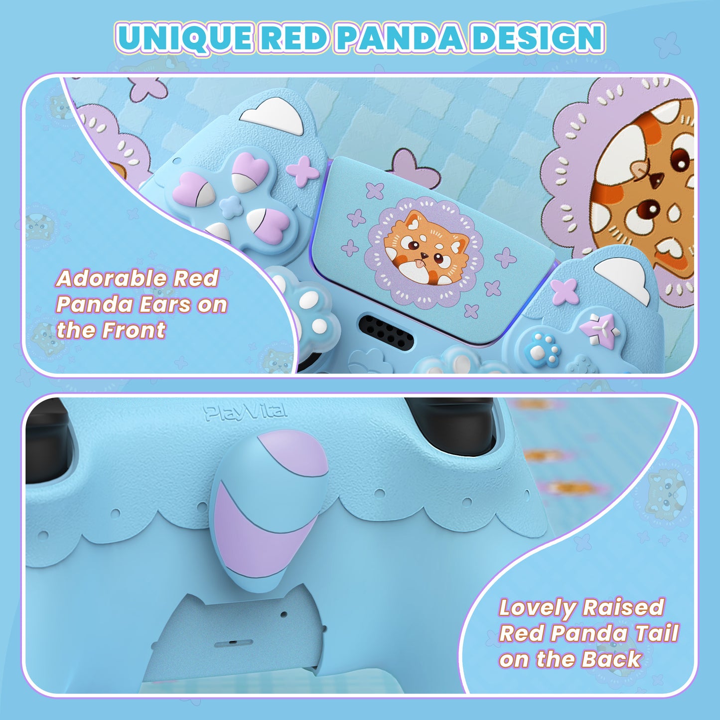 PlayVital かわいい春のレッサーパンダ シリコンカバー(ジョイスティックキャップ&ステッカー付き)PS5 コントローラー用 – 充電スタンド対応【ヘブンブルー】