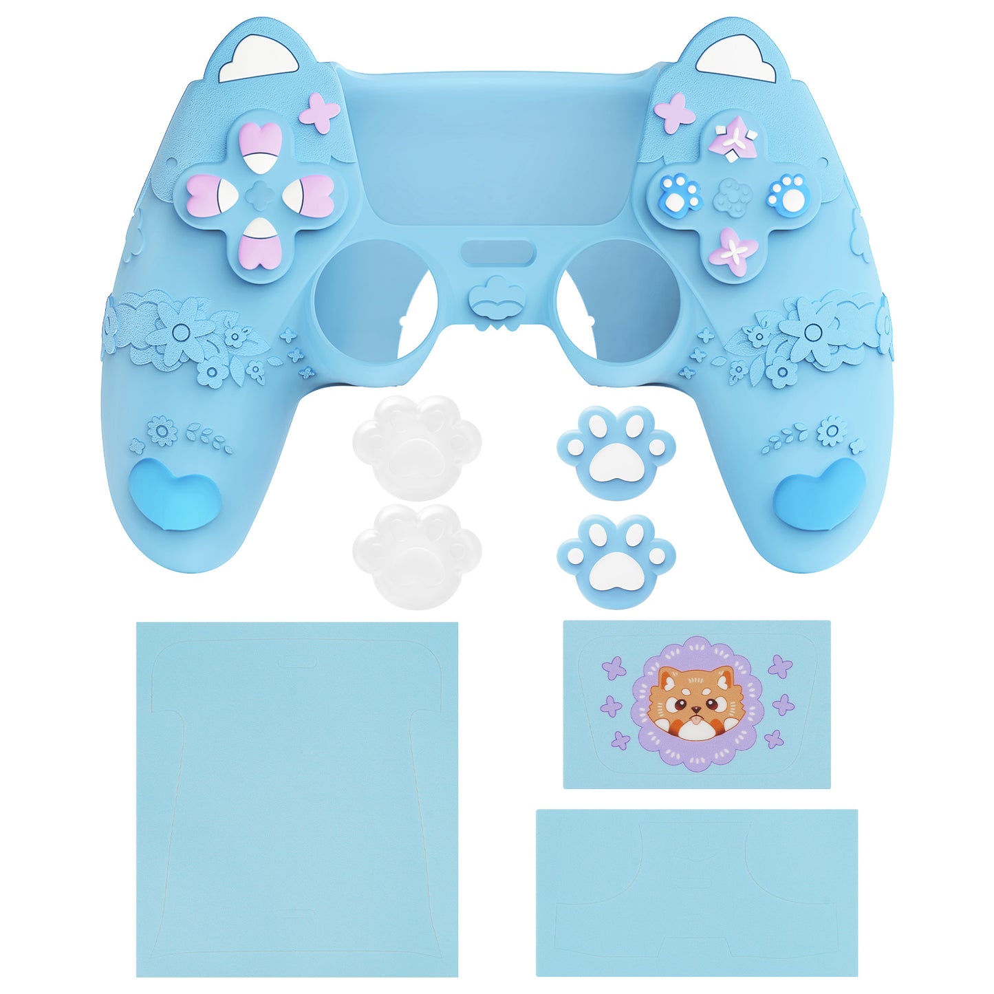 PlayVital かわいい春のレッサーパンダ シリコンカバー(ジョイスティックキャップ&ステッカー付き)PS5 コントローラー用 – 充電スタンド対応【ヘブンブルー】