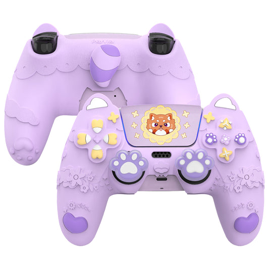 PlayVital かわいい春のレッサーパンダ シリコンカバー(ジョイスティックキャップ&ステッカー付き)PS5 コントローラー用 – 充電スタンド対応【タロイモパープル】
