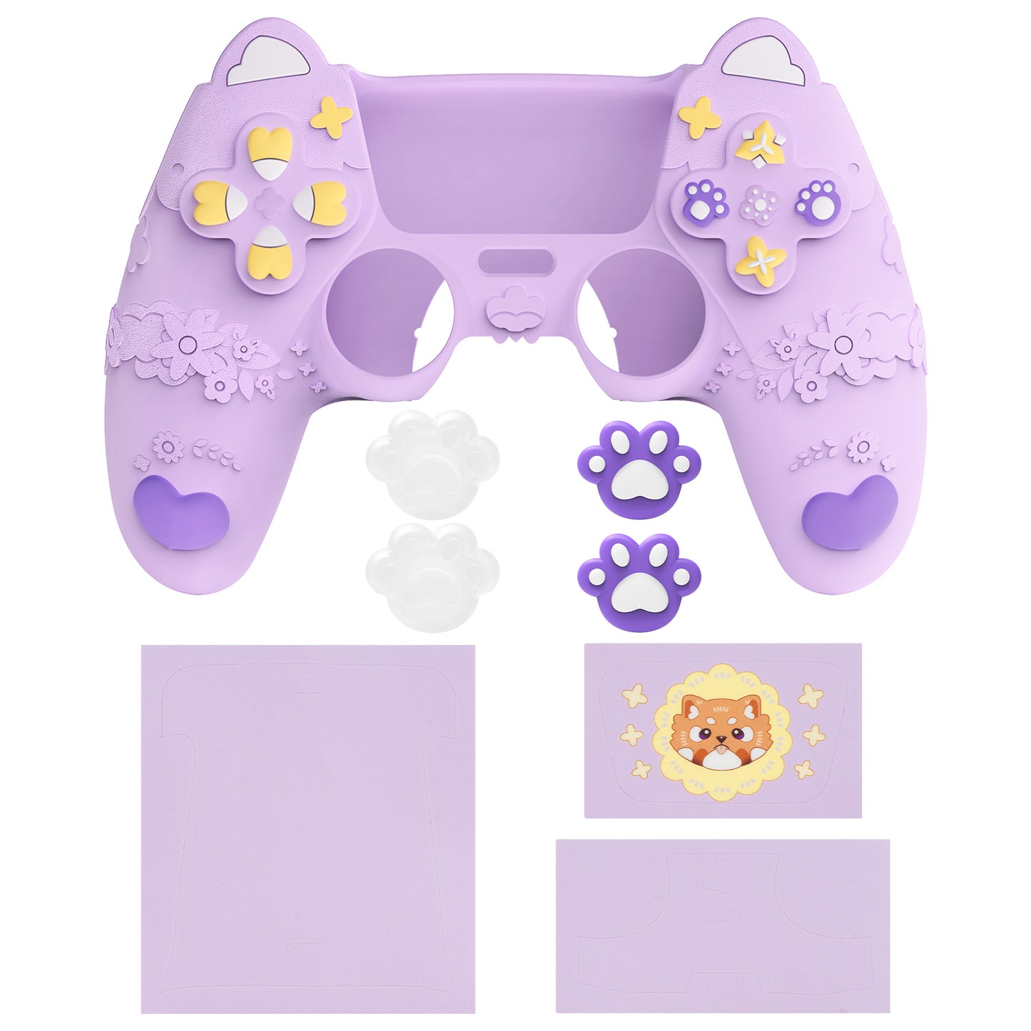 PlayVital かわいい春のレッサーパンダ シリコンカバー(ジョイスティックキャップ&ステッカー付き)PS5 コントローラー用 – 充電スタンド対応【タロイモパープル】