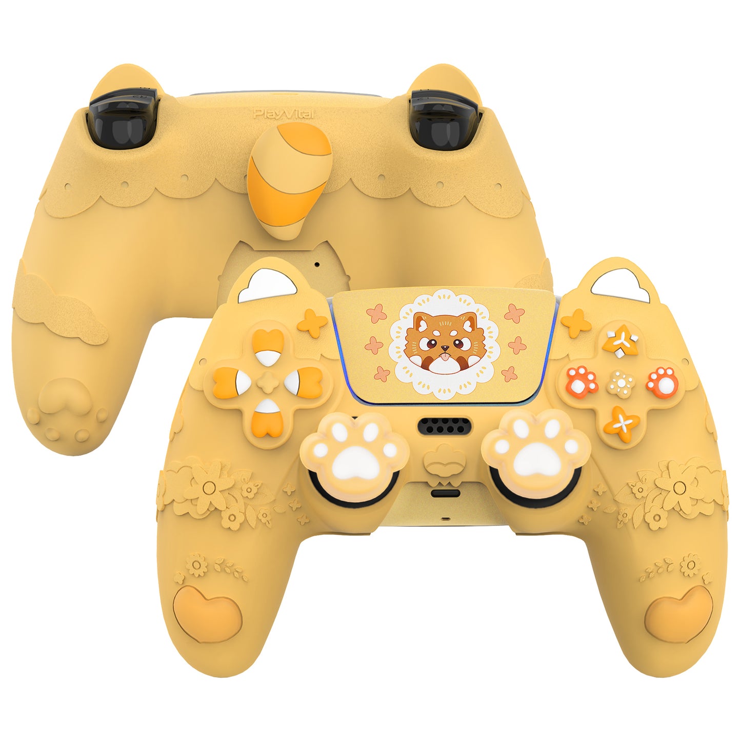 PlayVital かわいい春のレッサーパンダ シリコンカバー(ジョイスティックキャップ&ステッカー付き)PS5 コントローラー用 – 充電スタンド対応【ウォームイエロー】