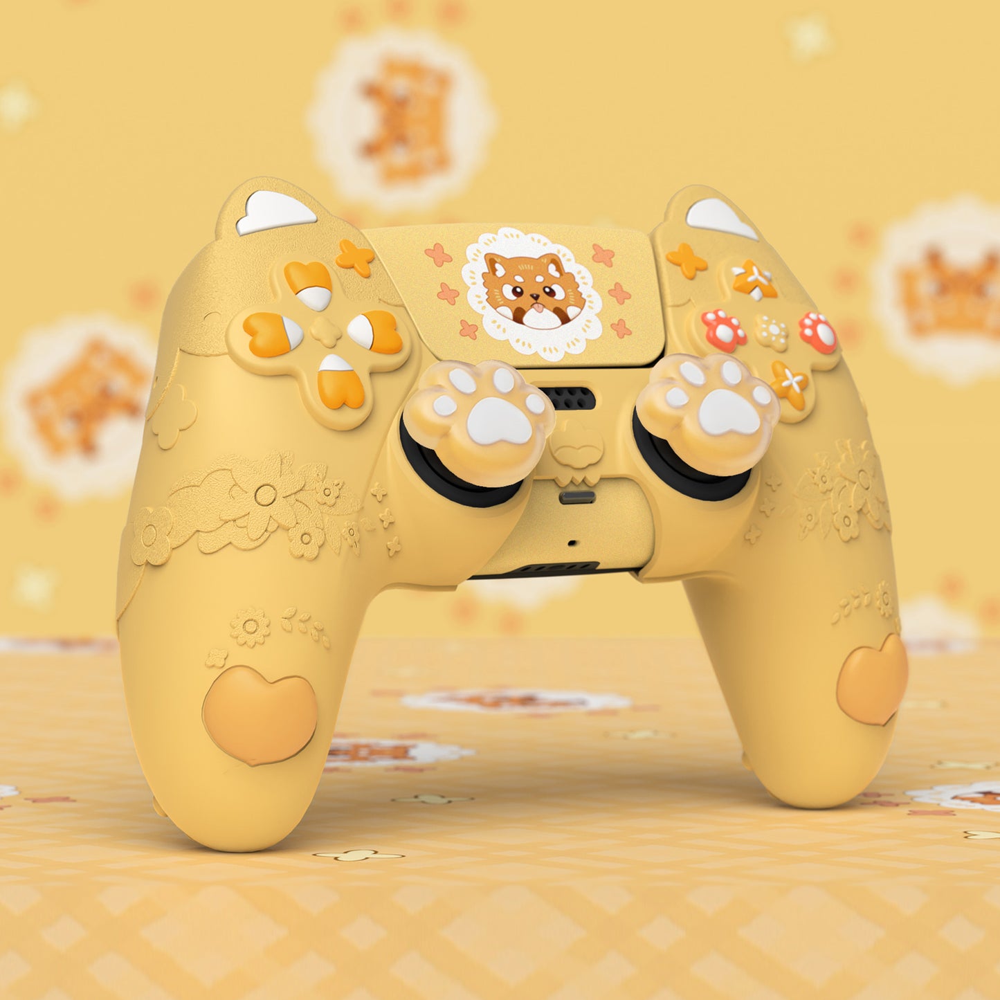 PlayVital かわいい春のレッサーパンダ シリコンカバー(ジョイスティックキャップ&ステッカー付き)PS5 コントローラー用 – 充電スタンド対応【ウォームイエロー】