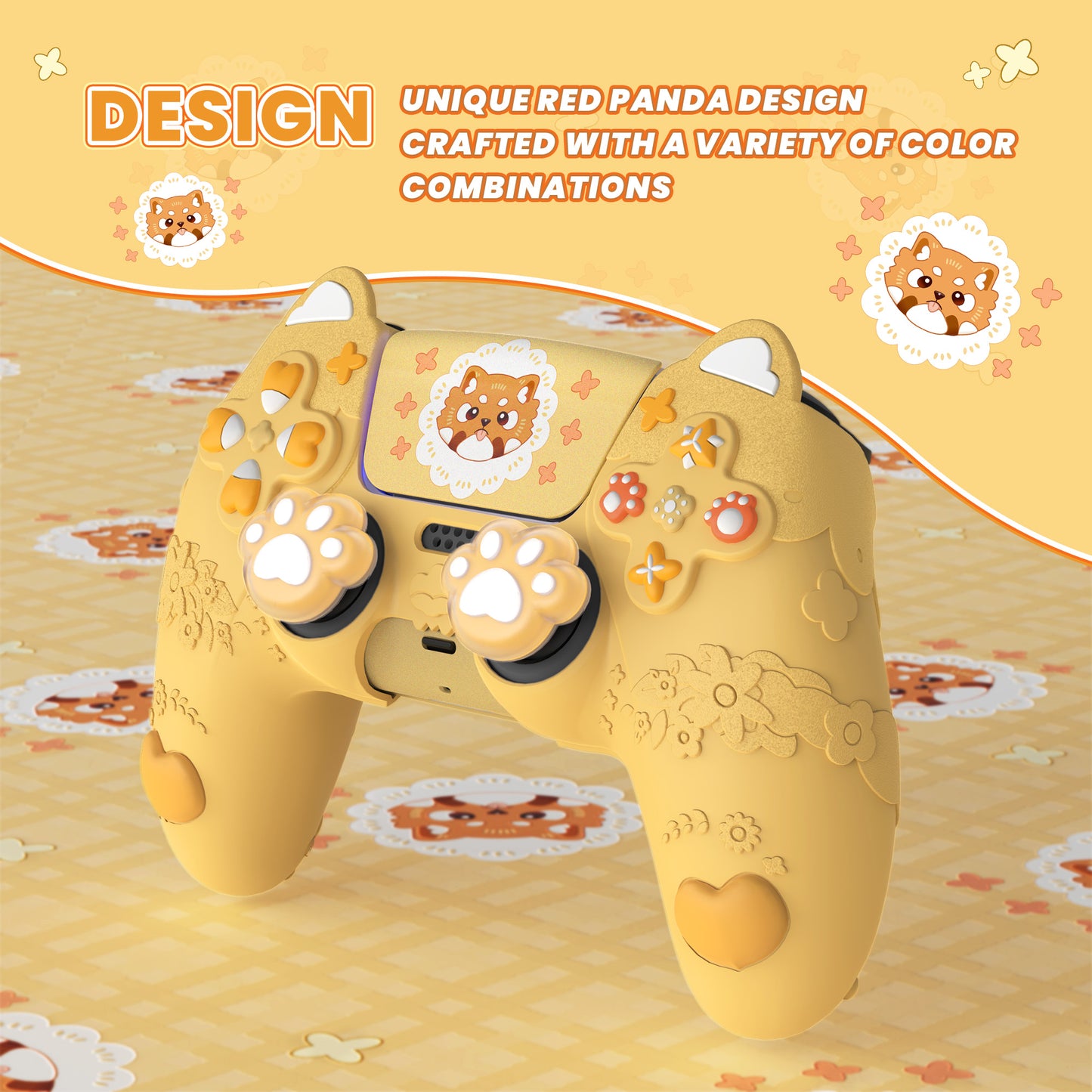 PlayVital かわいい春のレッサーパンダ シリコンカバー(ジョイスティックキャップ&ステッカー付き)PS5 コントローラー用 – 充電スタンド対応【ウォームイエロー】