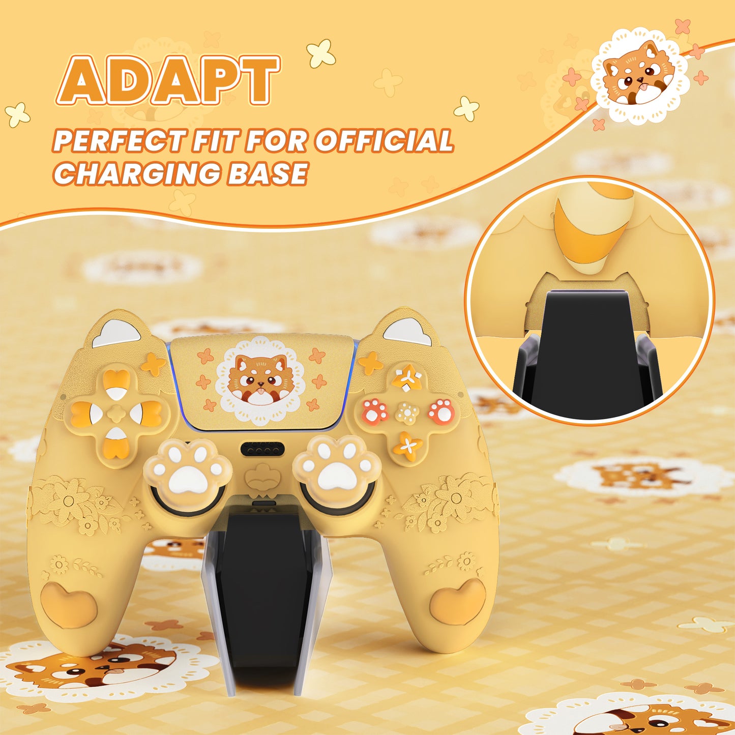 PlayVital かわいい春のレッサーパンダ シリコンカバー(ジョイスティックキャップ&ステッカー付き)PS5 コントローラー用 – 充電スタンド対応【ウォームイエロー】