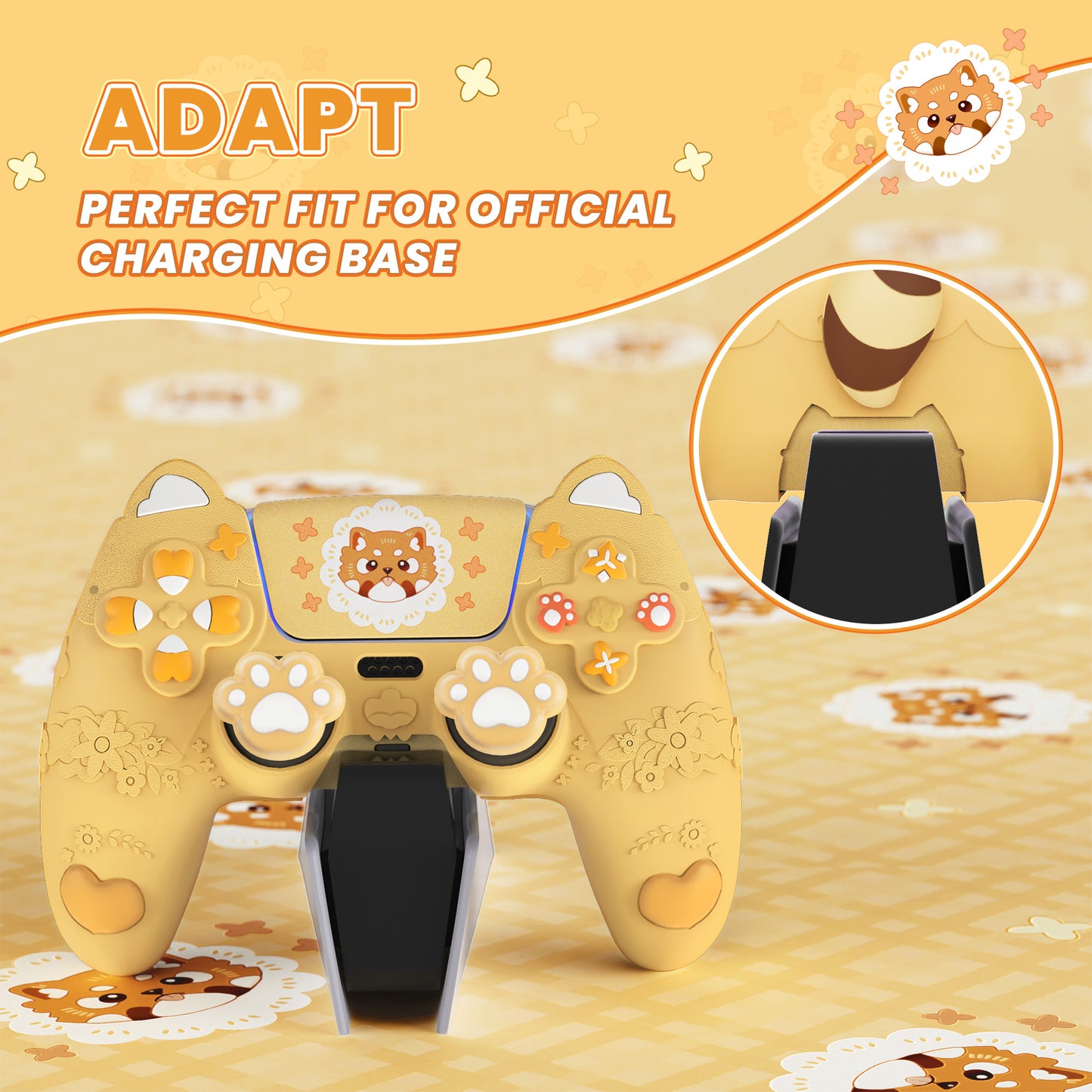 PlayVital かわいい春のレッサーパンダ シリコンカバー(ジョイスティックキャップ&ステッカー付き)PS5 コントローラー用 – 充電スタンド対応【ウォームイエロー】