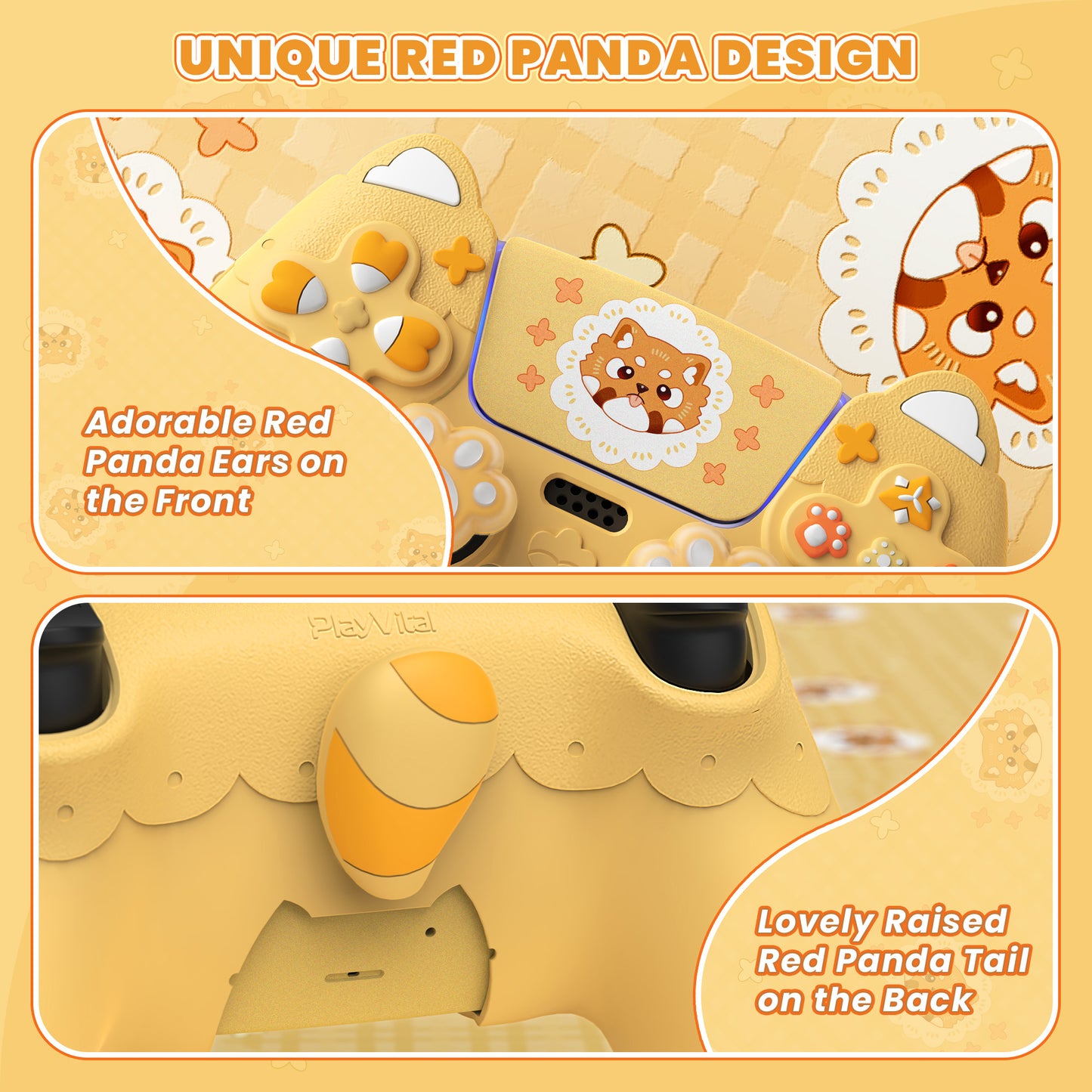 PlayVital かわいい春のレッサーパンダ シリコンカバー(ジョイスティックキャップ&ステッカー付き)PS5 コントローラー用 – 充電スタンド対応【ウォームイエロー】