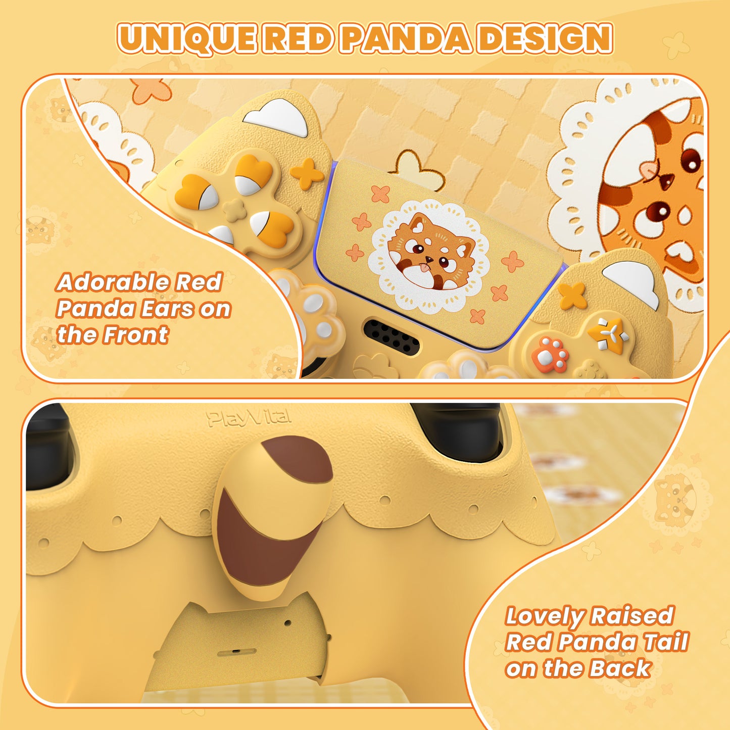 PlayVital かわいい春のレッサーパンダ シリコンカバー(ジョイスティックキャップ&ステッカー付き)PS5 コントローラー用 – 充電スタンド対応【ウォームイエロー】