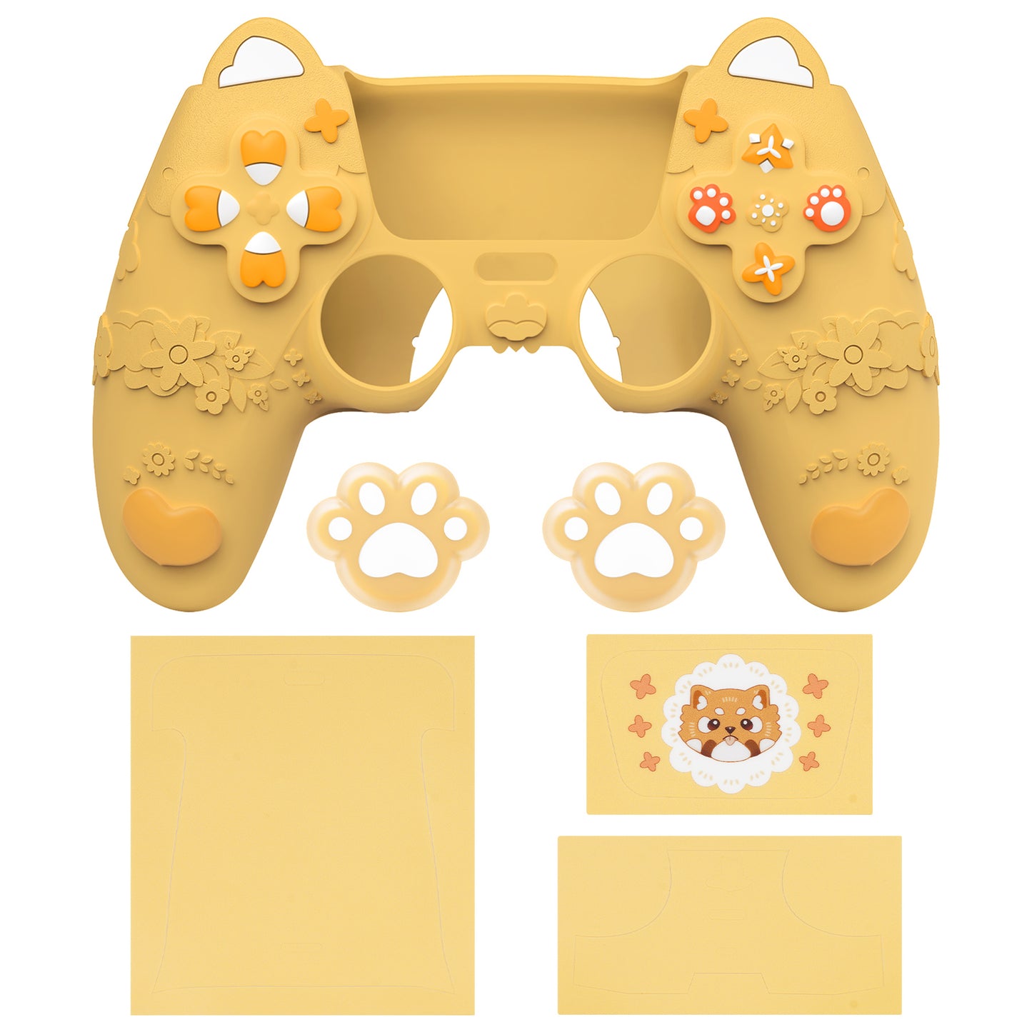 PlayVital かわいい春のレッサーパンダ シリコンカバー(ジョイスティックキャップ&ステッカー付き)PS5 コントローラー用 – 充電スタンド対応【ウォームイエロー】