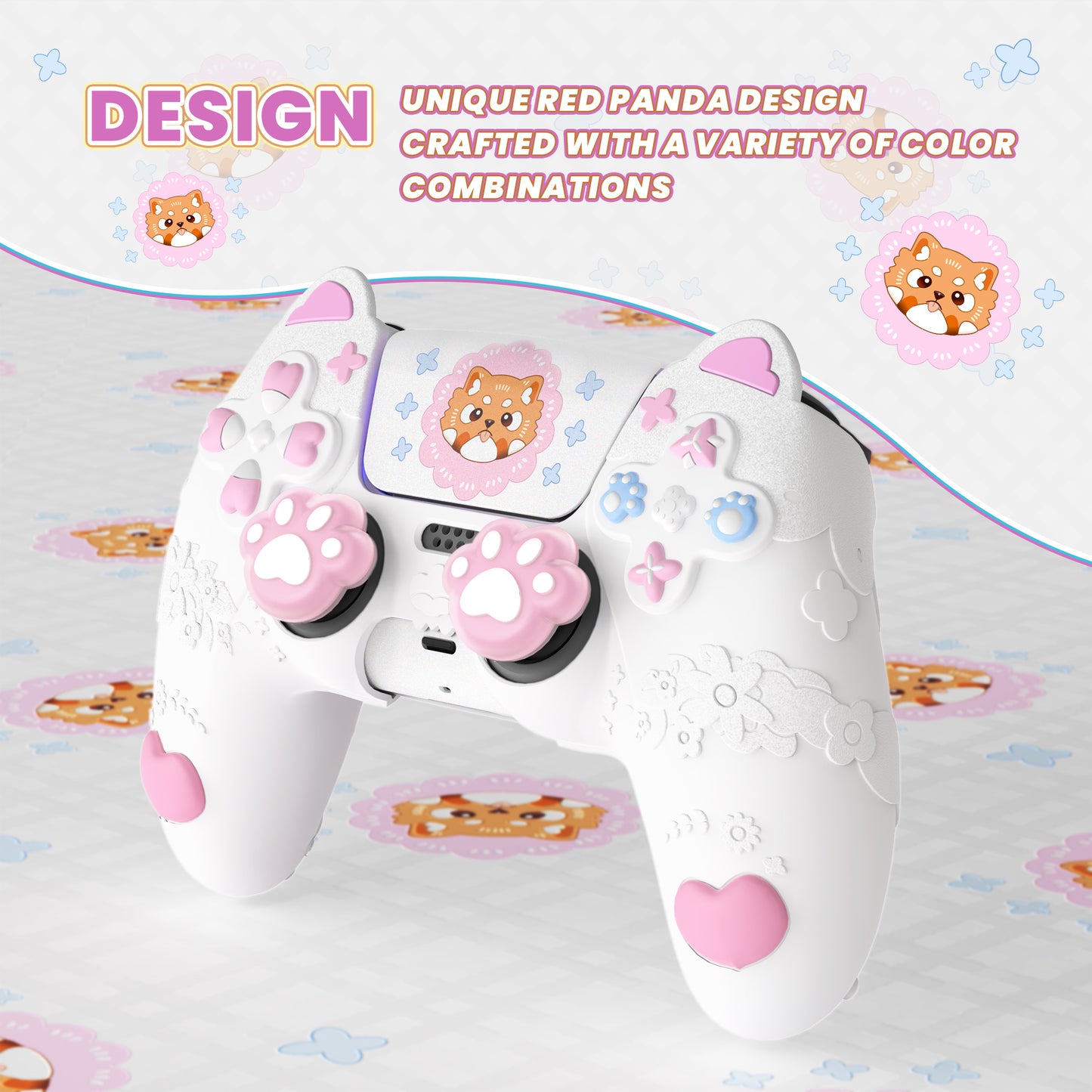 PlayVital かわいい春のレッサーパンダ シリコンカバー(ジョイスティックキャップ&ステッカー付き)PS5 コントローラー用 – 充電スタンド対応【ホワイト】