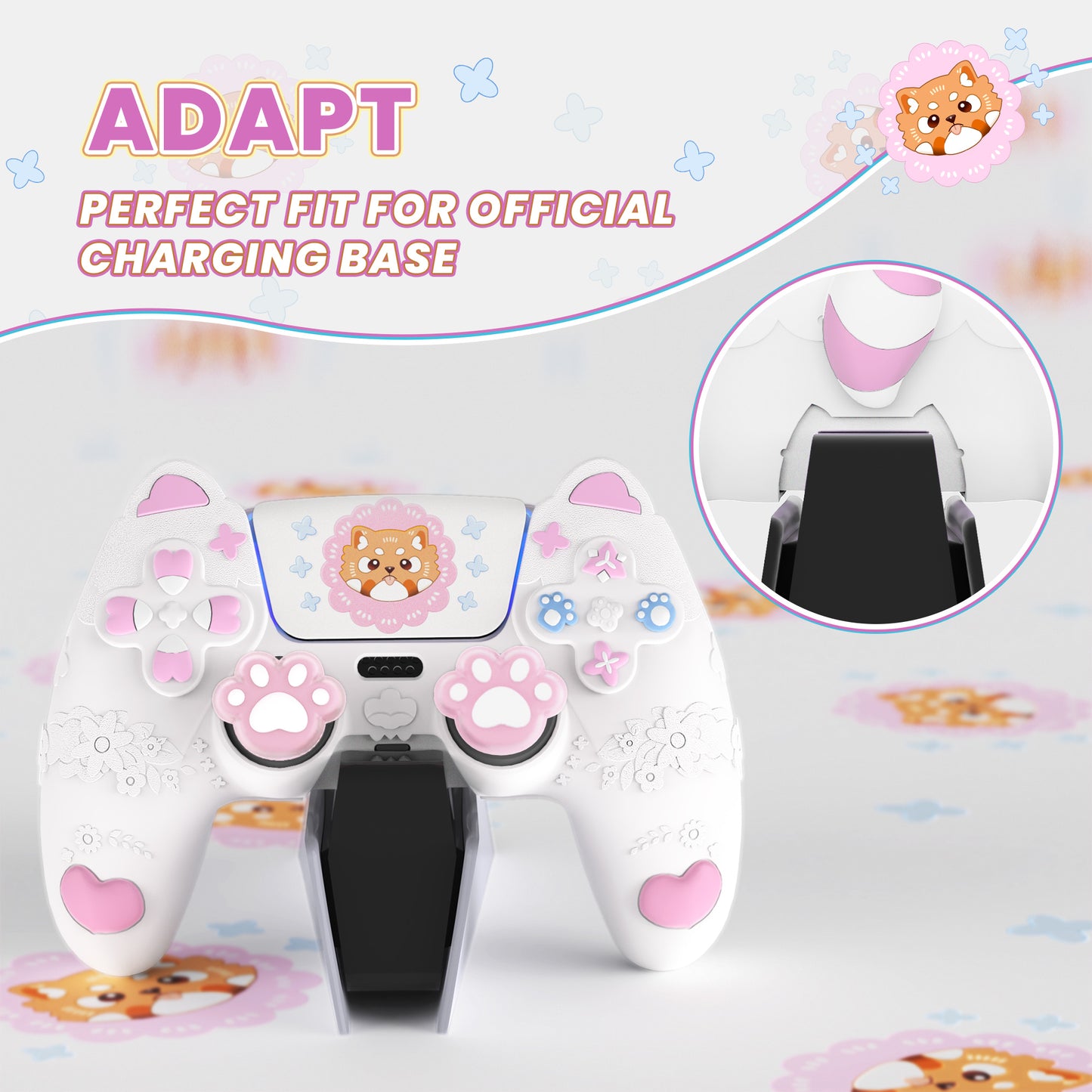 PlayVital かわいい春のレッサーパンダ シリコンカバー(ジョイスティックキャップ&ステッカー付き)PS5 コントローラー用 – 充電スタンド対応【ホワイト】