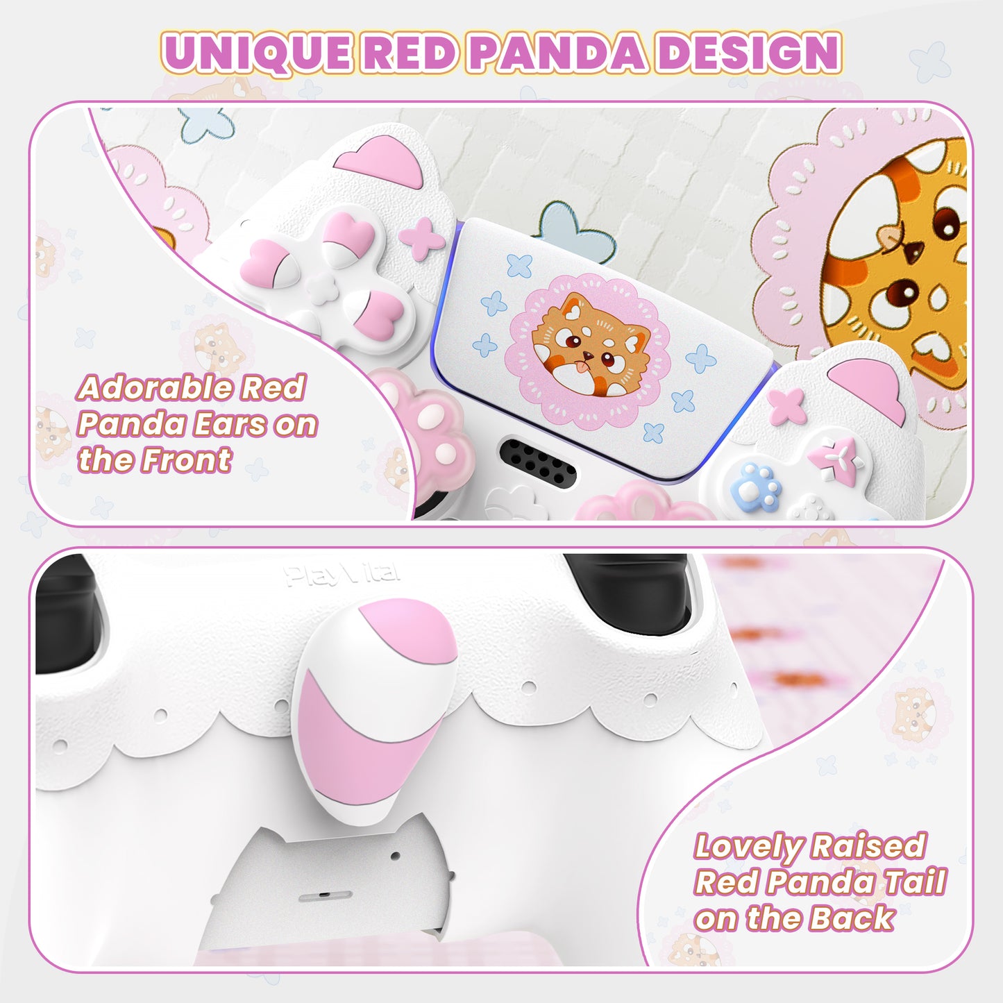 PlayVital かわいい春のレッサーパンダ シリコンカバー(ジョイスティックキャップ&ステッカー付き)PS5 コントローラー用 – 充電スタンド対応【ホワイト】