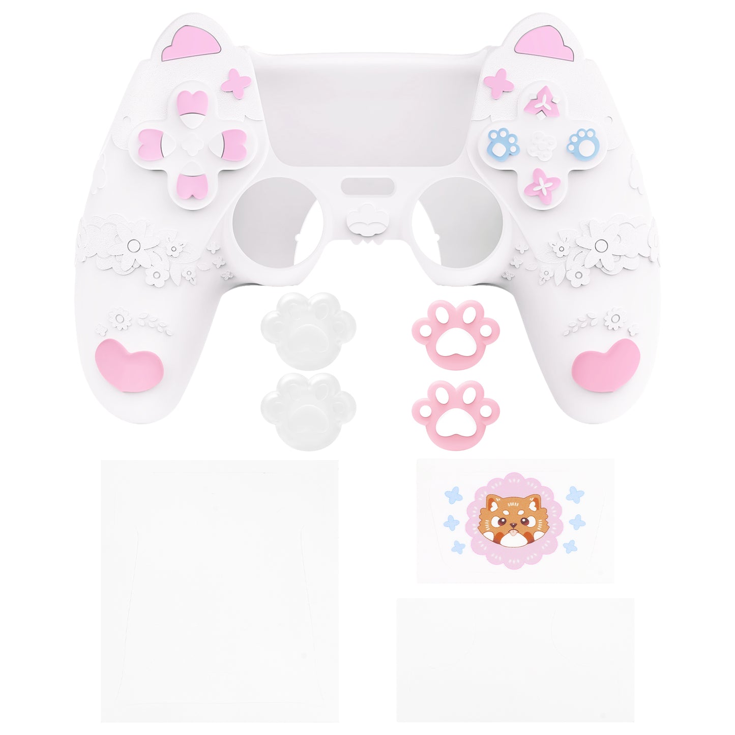 PlayVital かわいい春のレッサーパンダ シリコンカバー(ジョイスティックキャップ&ステッカー付き)PS5 コントローラー用 – 充電スタンド対応【ホワイト】