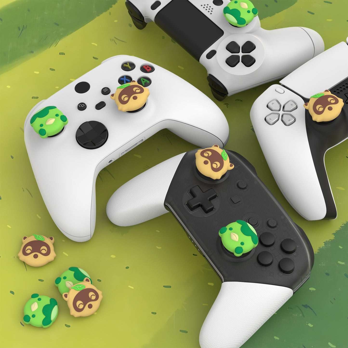 PlayVital キュートサムグリップキャップ PS5・PS4・Xbox Series X/S・Switch Proコントローラー用【タヌキ&カッパ】