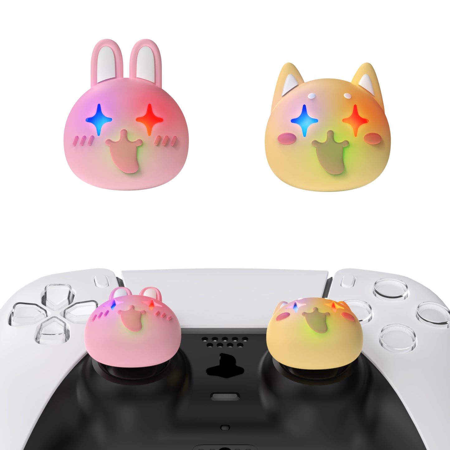PlayVital キュートユニバーサルイルミネイテッドLEDサムスティックグリップ PS5&PS4&Xbox Series X/S&Xbox One&Switch Proコントローラー用【いたずらウサギ&子犬】