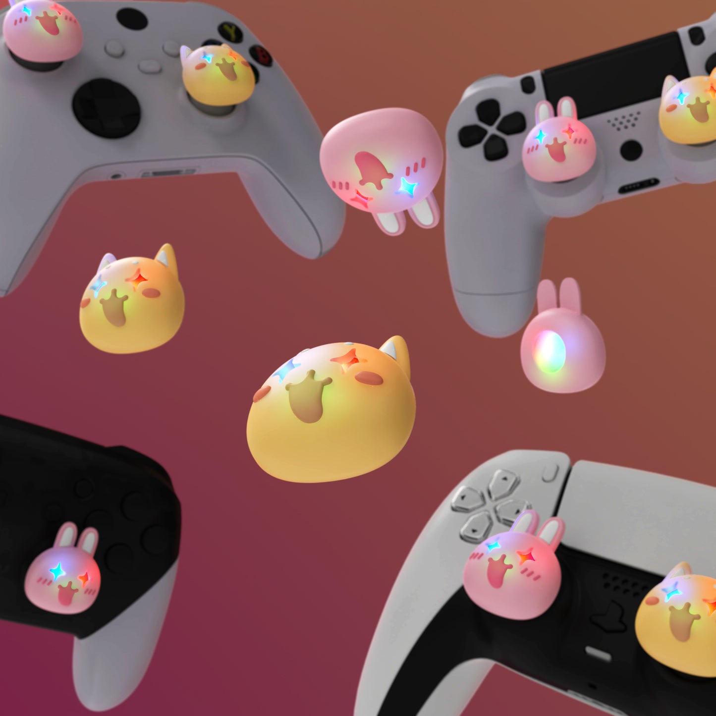PlayVital キュートユニバーサルイルミネイテッドLEDサムスティックグリップ PS5&PS4&Xbox Series X/S&Xbox One&Switch Proコントローラー用【いたずらウサギ&子犬】
