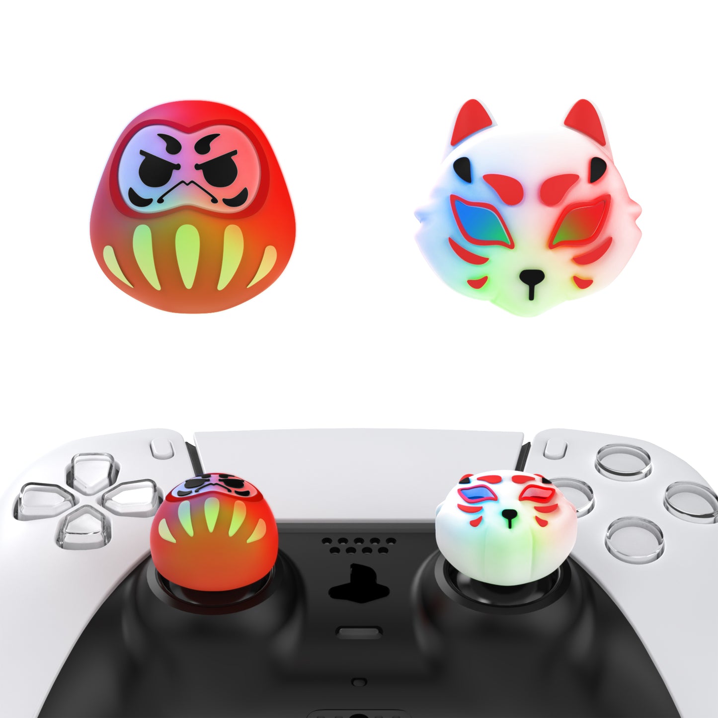 PlayVital キュートユニバーサルイルミネイテッドLEDサムスティックグリップ PS5&PS4&Xbox Series X/S&Xbox One&Switch Proコントローラー用【達磨や狐】