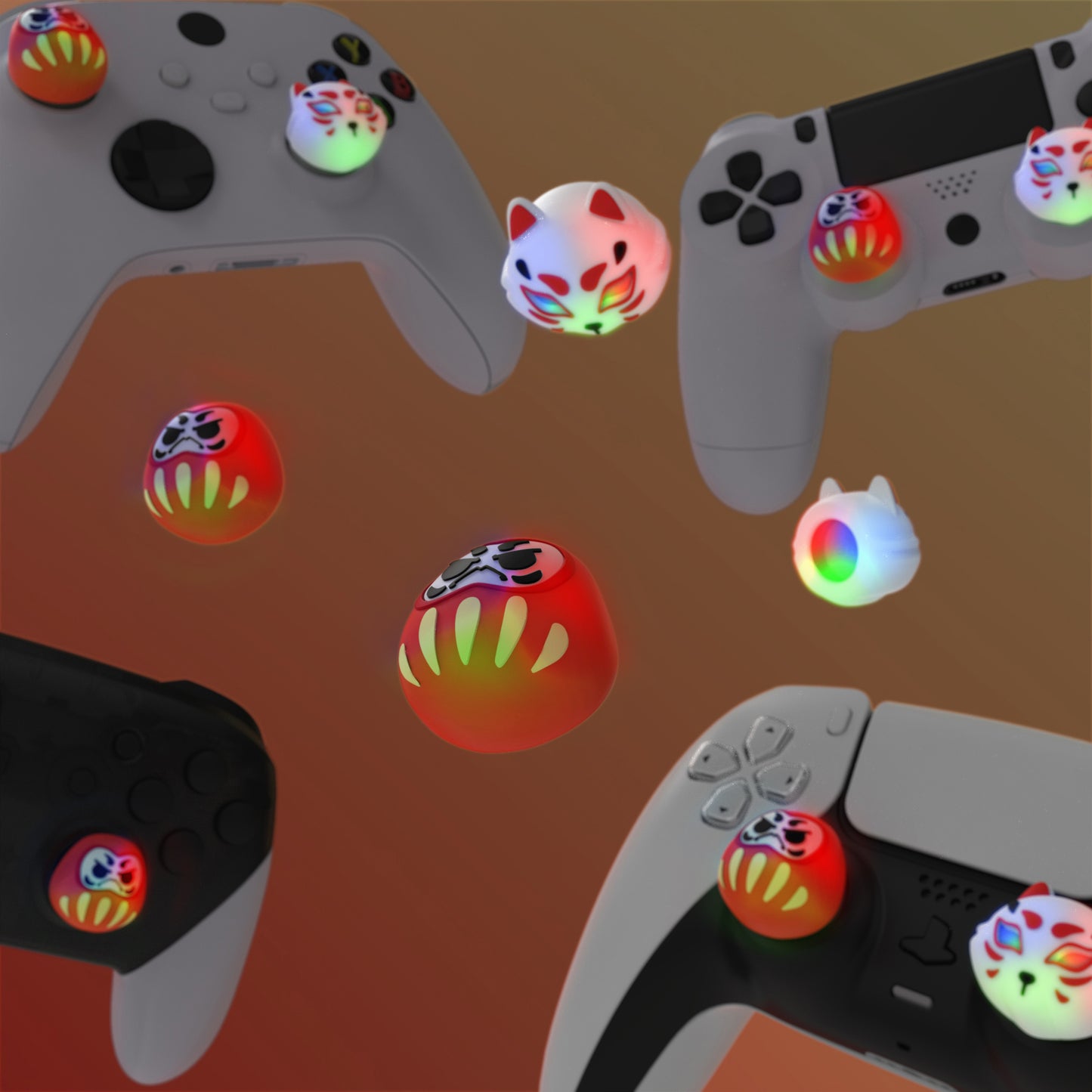 PlayVital キュートユニバーサルイルミネイテッドLEDサムスティックグリップ PS5&PS4&Xbox Series X/S&Xbox One&Switch Proコントローラー用【達磨や狐】