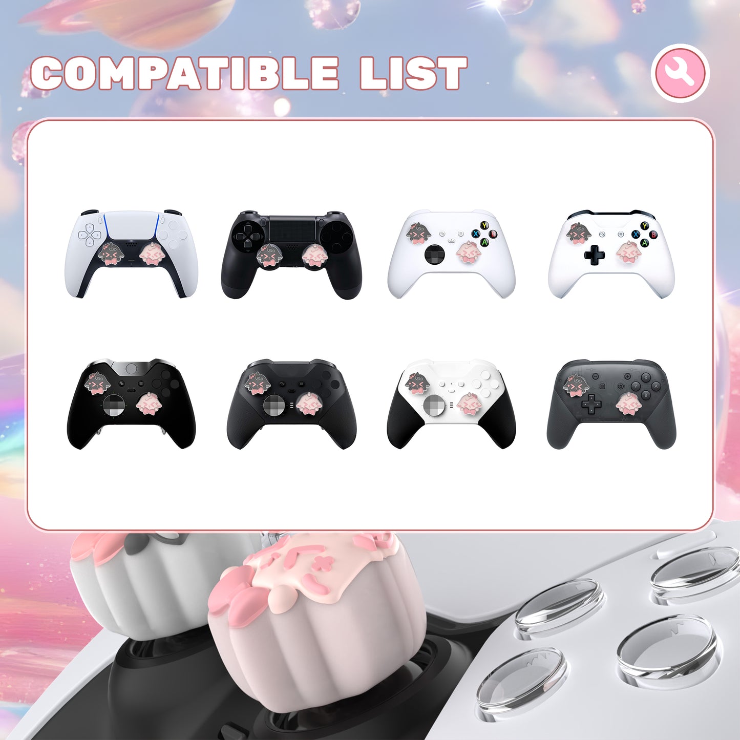PlayVital キュートユニバーサルイルミネイテッドLEDサムスティックグリップ PS5&PS4&Xbox Series X/S&Xbox One&Switch Proコントローラー用【ふわリボンひつじ】