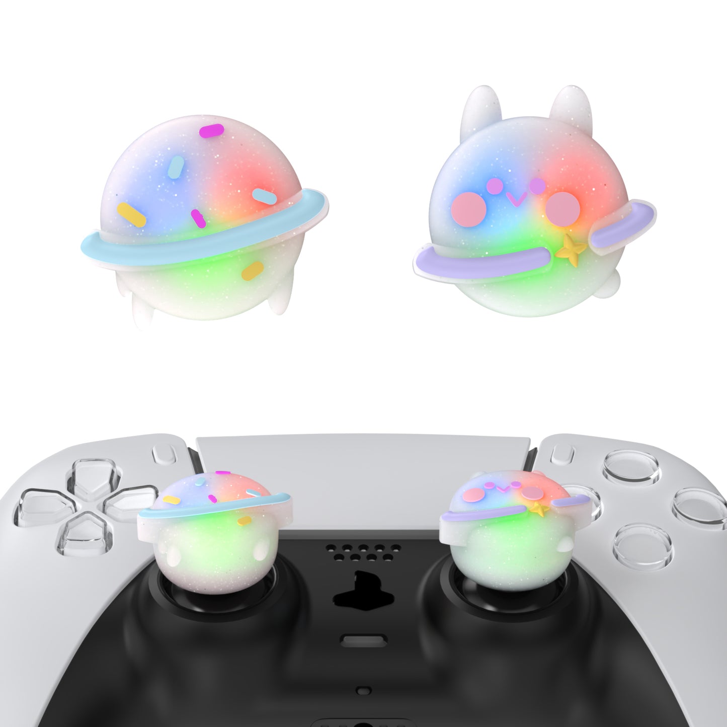 PlayVital キュートユニバーサルイルミネイテッドLEDサムスティックグリップ PS5&PS4&Xbox Series X/S&Xbox One&Switch Proコントローラー用【プラネット&スイートバニー】