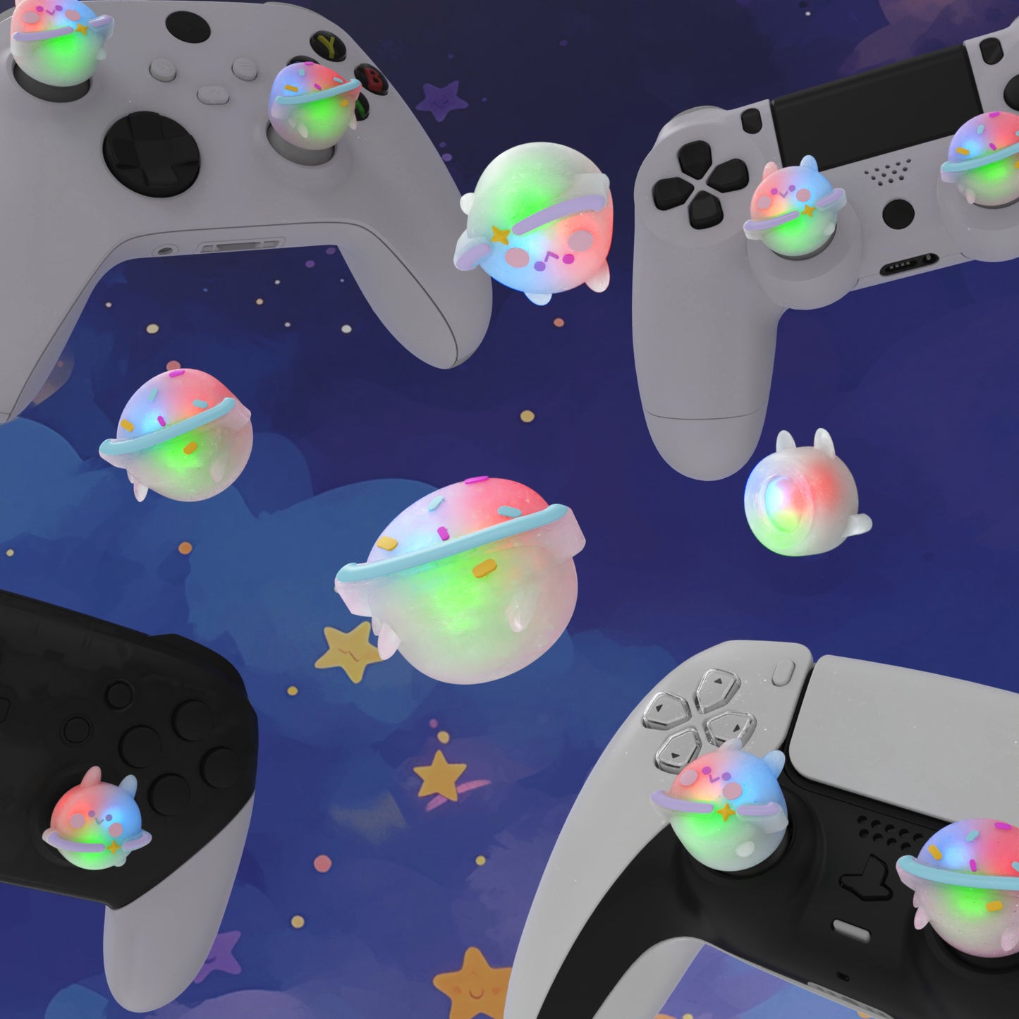 PlayVital キュートユニバーサルイルミネイテッドLEDサムスティックグリップ PS5&PS4&Xbox Series X/S&Xbox One&Switch Proコントローラー用【プラネット&スイートバニー】