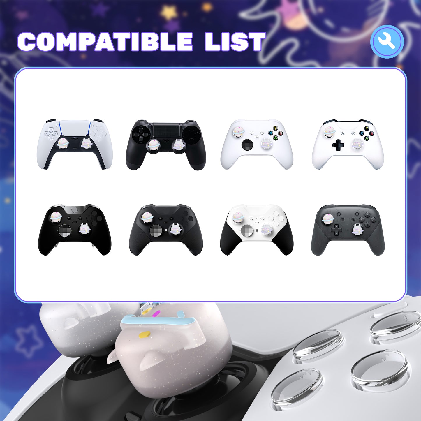 PlayVital キュートユニバーサルイルミネイテッドLEDサムスティックグリップ PS5&PS4&Xbox Series X/S&Xbox One&Switch Proコントローラー用【プラネット&スイートバニー】