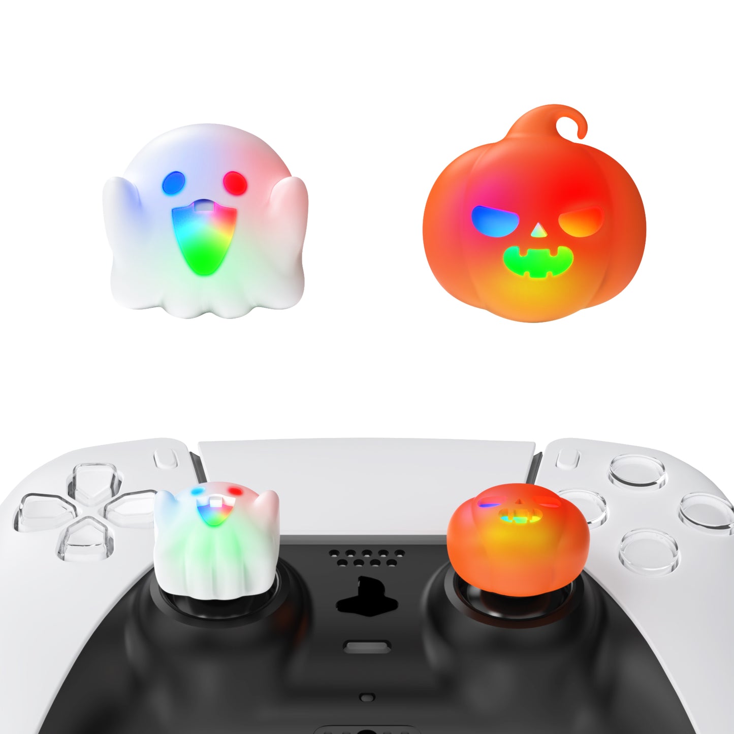 PlayVital キュートユニバーサルイルミネイテッドLEDサムスティックグリップ PS5&PS4&Xbox Series X/S&Xbox One&Switch Proコントローラー用【カボチャと幽霊】