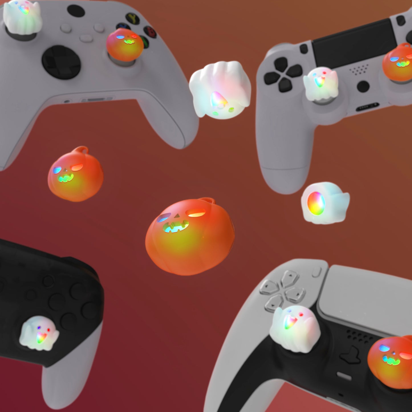 PlayVital キュートユニバーサルイルミネイテッドLEDサムスティックグリップ PS5&PS4&Xbox Series X/S&Xbox One&Switch Proコントローラー用【カボチャと幽霊】
