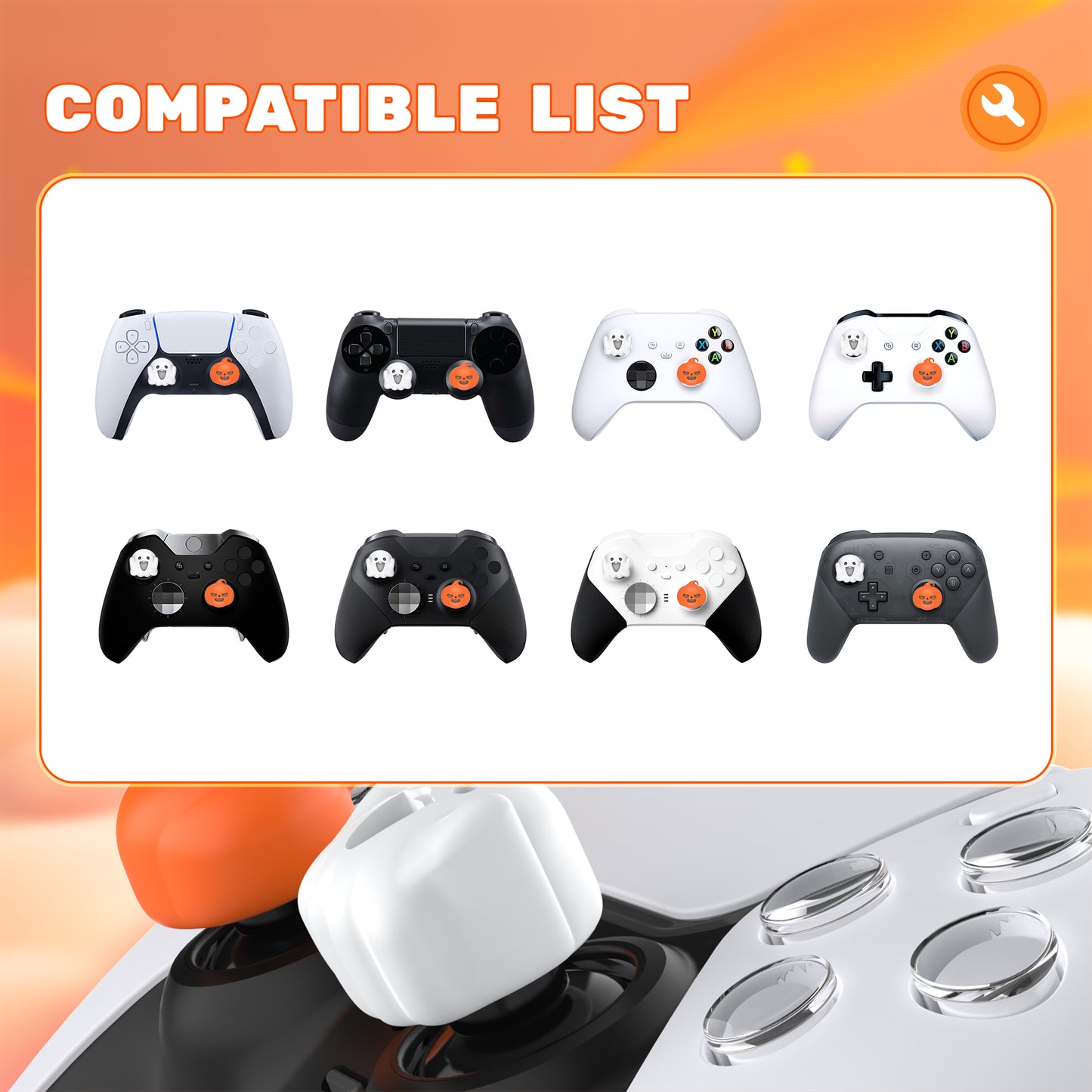 PlayVital キュートユニバーサルイルミネイテッドLEDサムスティックグリップ PS5&PS4&Xbox Series X/S&Xbox One&Switch Proコントローラー用【カボチャと幽霊】