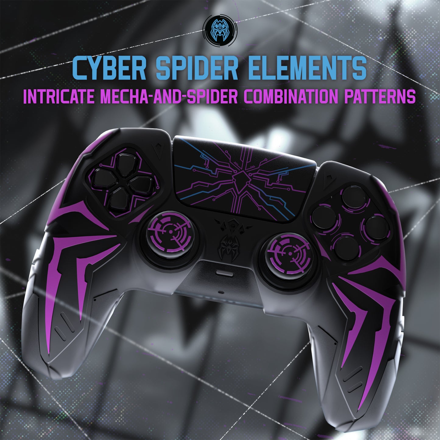 PlayVital ps5コントローラー対応用サイバースパイダーデザインシリコン保護カバー、サムグリップキャップ2個やステッカー6枚付属、充電ドック対応【ブラック&パープル】