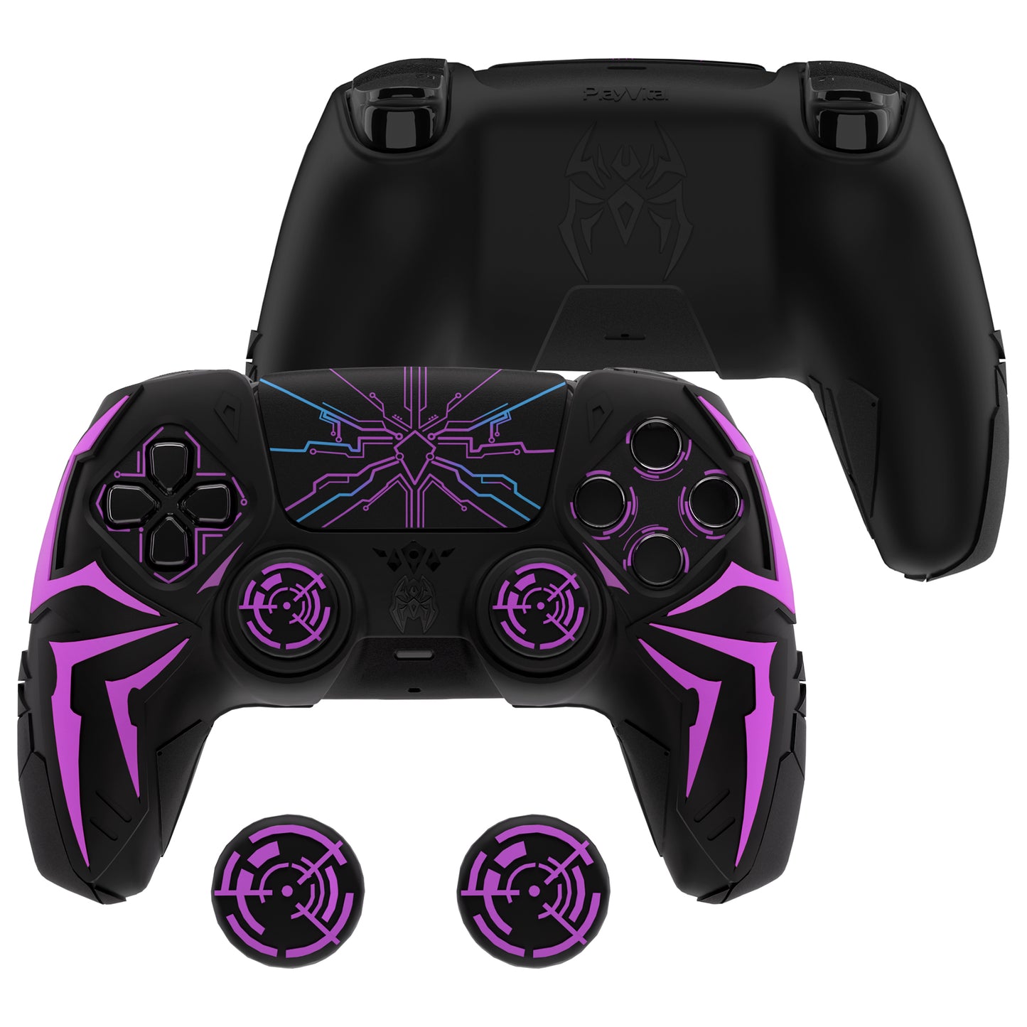 PlayVital ps5コントローラー対応用サイバースパイダーデザインシリコン保護カバー、サムグリップキャップ2個やステッカー6枚付属、充電ドック対応【ブラック&パープル】