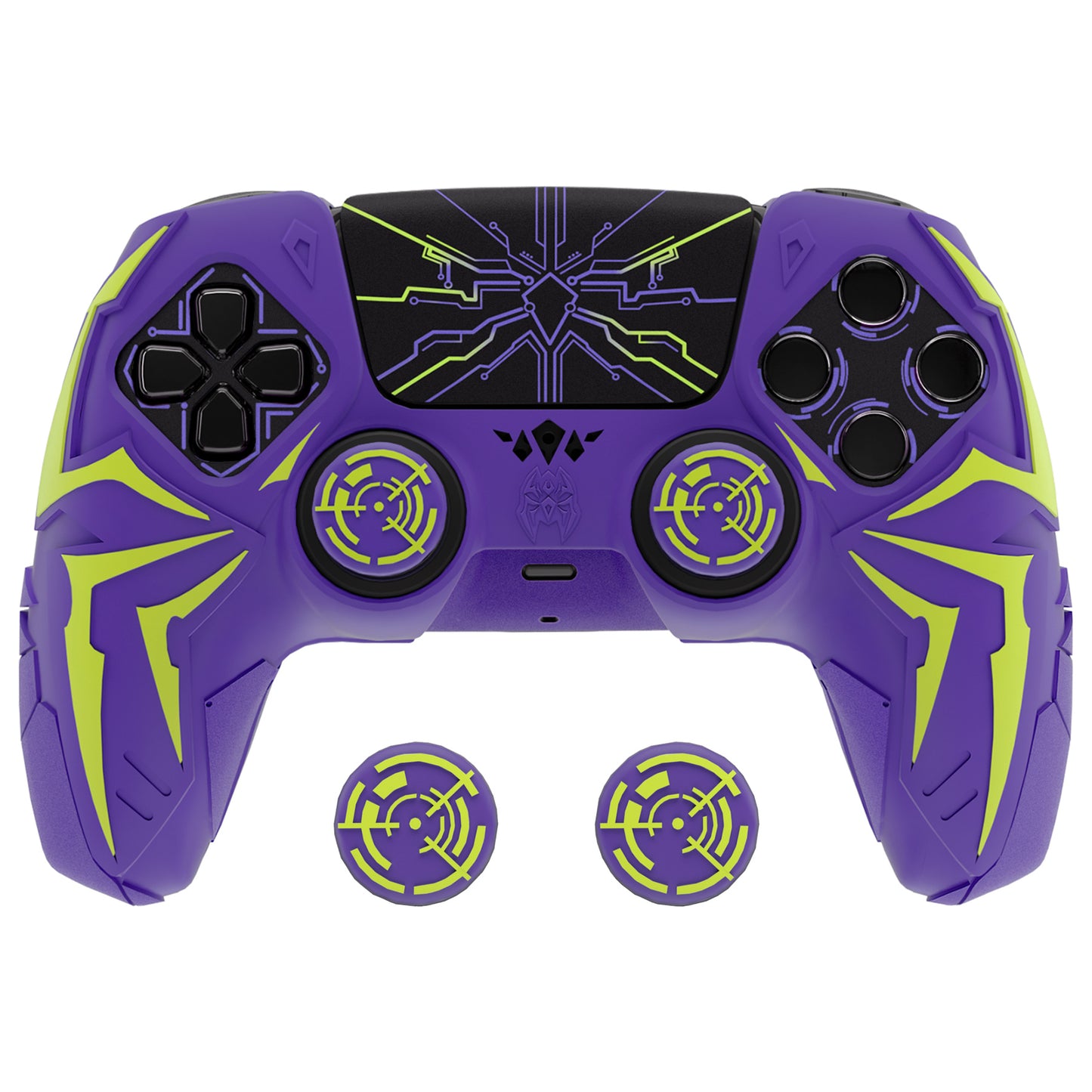 PlayVital ps5コントローラー対応用サイバースパイダーデザインシリコン保護カバー、サムグリップキャップ2個やステッカー6枚付属、充電ドック対応【パープル&グリーン】