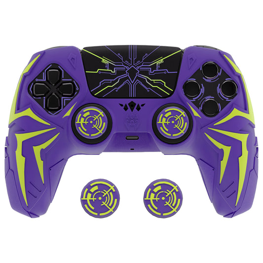 PlayVital ps5コントローラー対応用サイバースパイダーデザインシリコン保護カバー、サムグリップキャップ2個やステッカー6枚付属、充電ドック対応【パープル&グリーン】