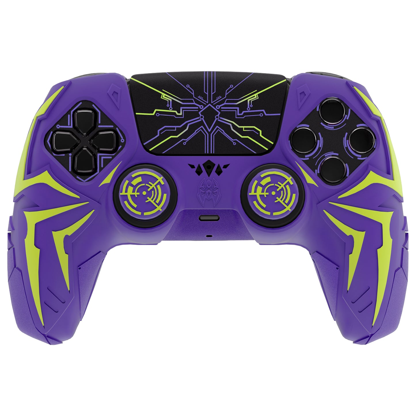 PlayVital ps5コントローラー対応用サイバースパイダーデザインシリコン保護カバー、サムグリップキャップ2個やステッカー6枚付属、充電ドック対応【パープル&グリーン】