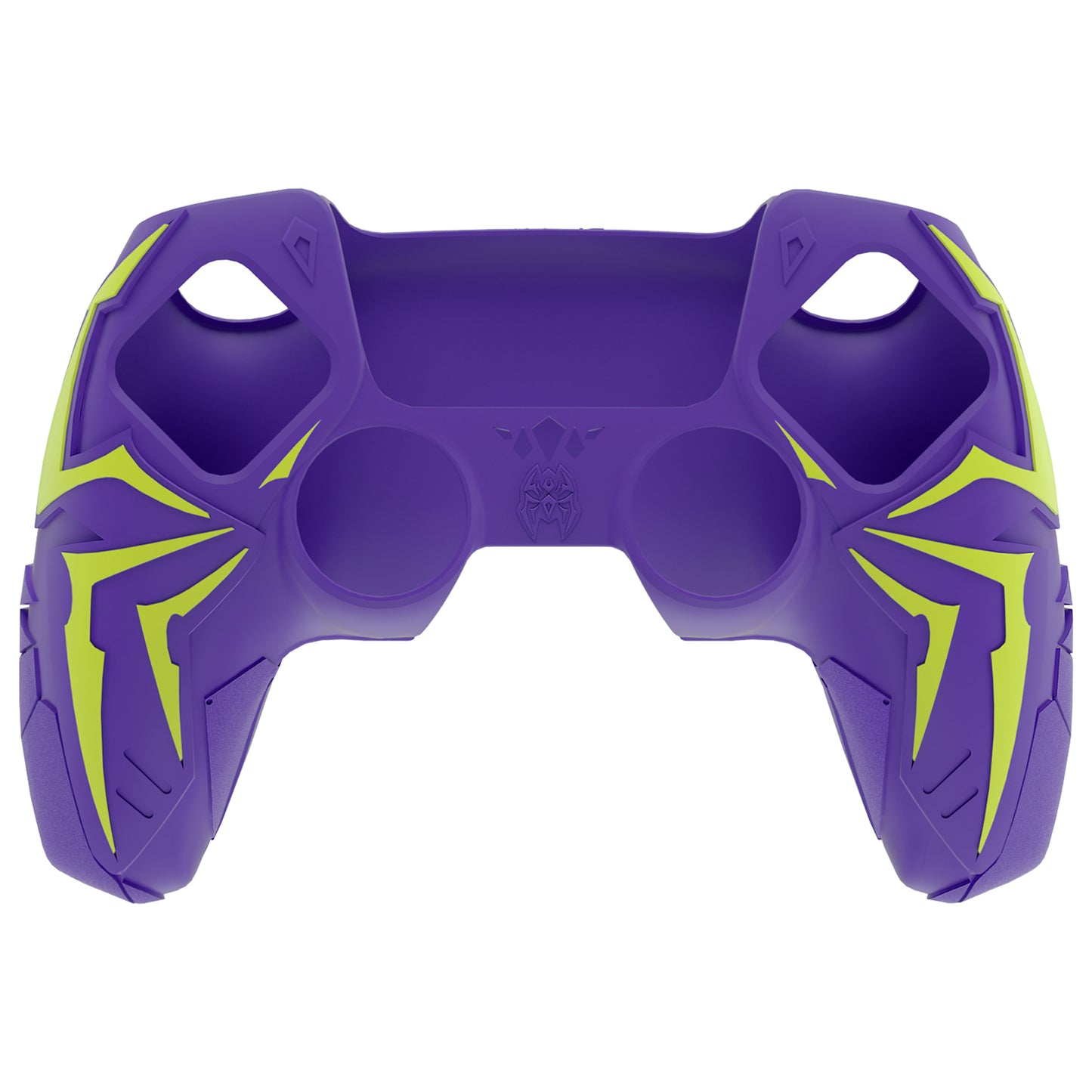 PlayVital ps5コントローラー対応用サイバースパイダーデザインシリコン保護カバー、サムグリップキャップ2個やステッカー6枚付属、充電ドック対応【パープル&グリーン】