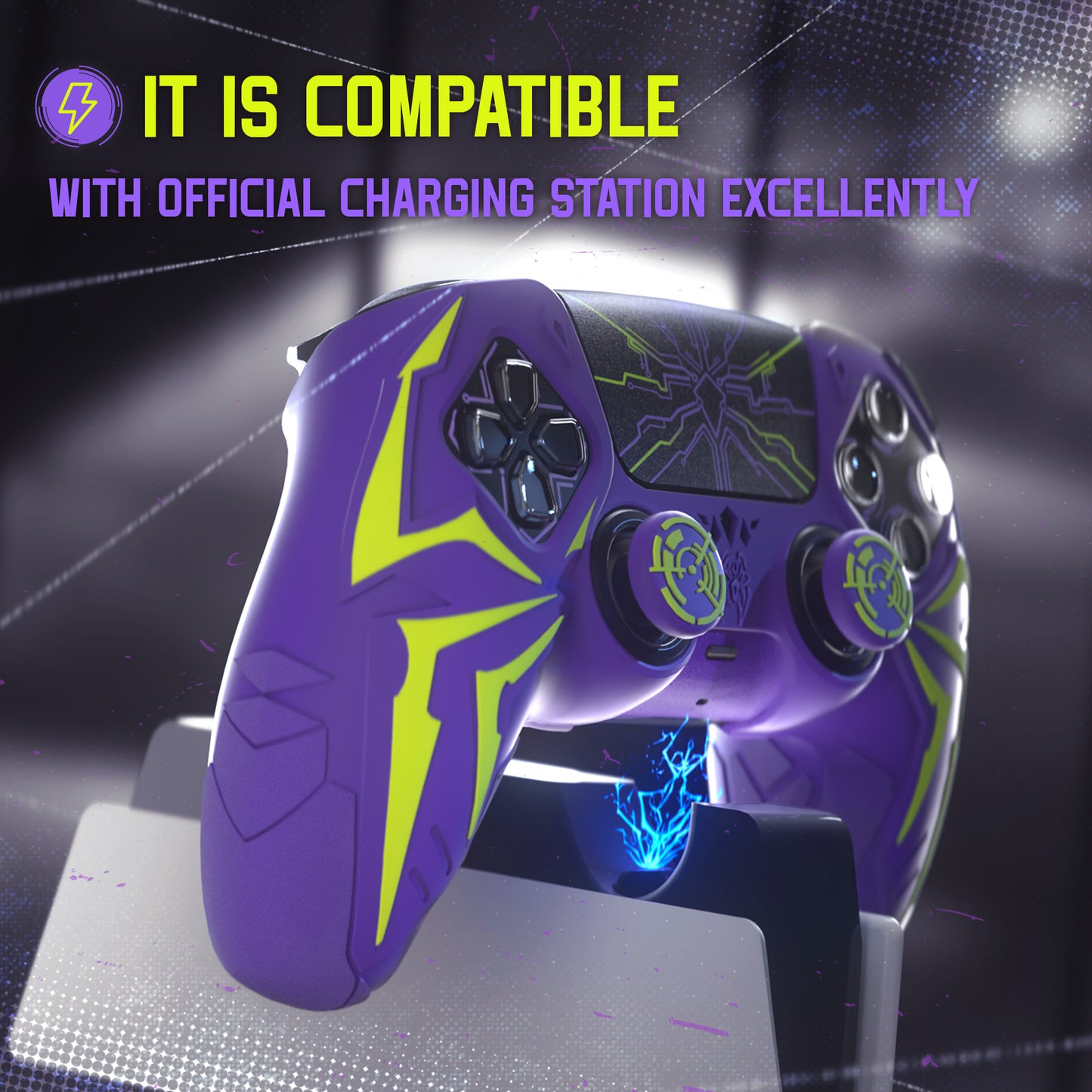 PlayVital ps5コントローラー対応用サイバースパイダーデザインシリコン保護カバー、サムグリップキャップ2個やステッカー6枚付属、充電ドック対応【パープル&グリーン】