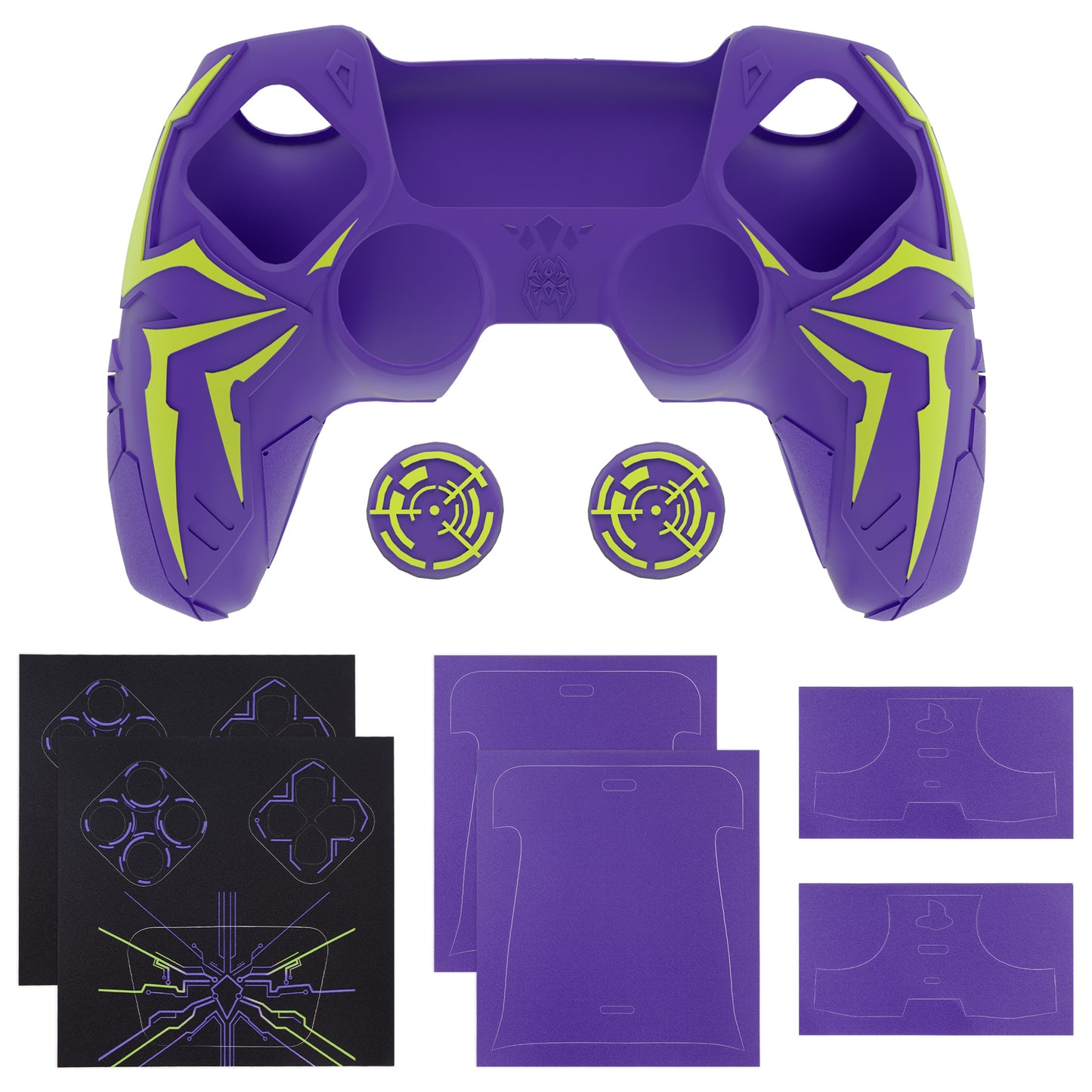 PlayVital ps5コントローラー対応用サイバースパイダーデザインシリコン保護カバー、サムグリップキャップ2個やステッカー6枚付属、充電ドック対応【パープル&グリーン】