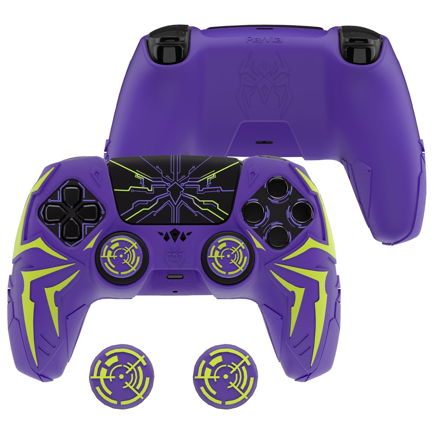 PlayVital ps5コントローラー対応用サイバースパイダーデザインシリコン保護カバー、サムグリップキャップ2個やステッカー6枚付属、充電ドック対応【パープル&グリーン】