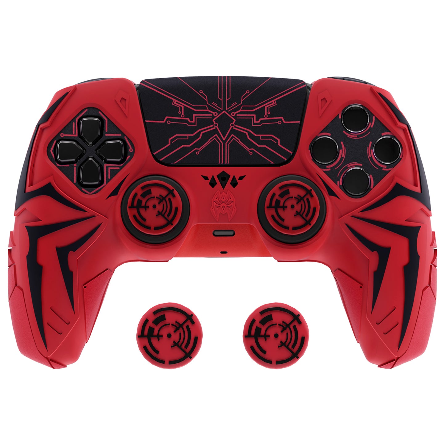 PlayVital ps5コントローラー対応用サイバースパイダーデザインシリコン保護カバー、サムグリップキャップ2個やステッカー6枚付属、充電ドック対応【レッド&ブラック】