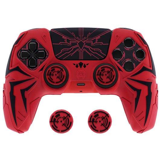 PlayVital ps5コントローラー対応用サイバースパイダーデザインシリコン保護カバー、サムグリップキャップ2個やステッカー6枚付属、充電ドック対応【レッド&ブラック】
