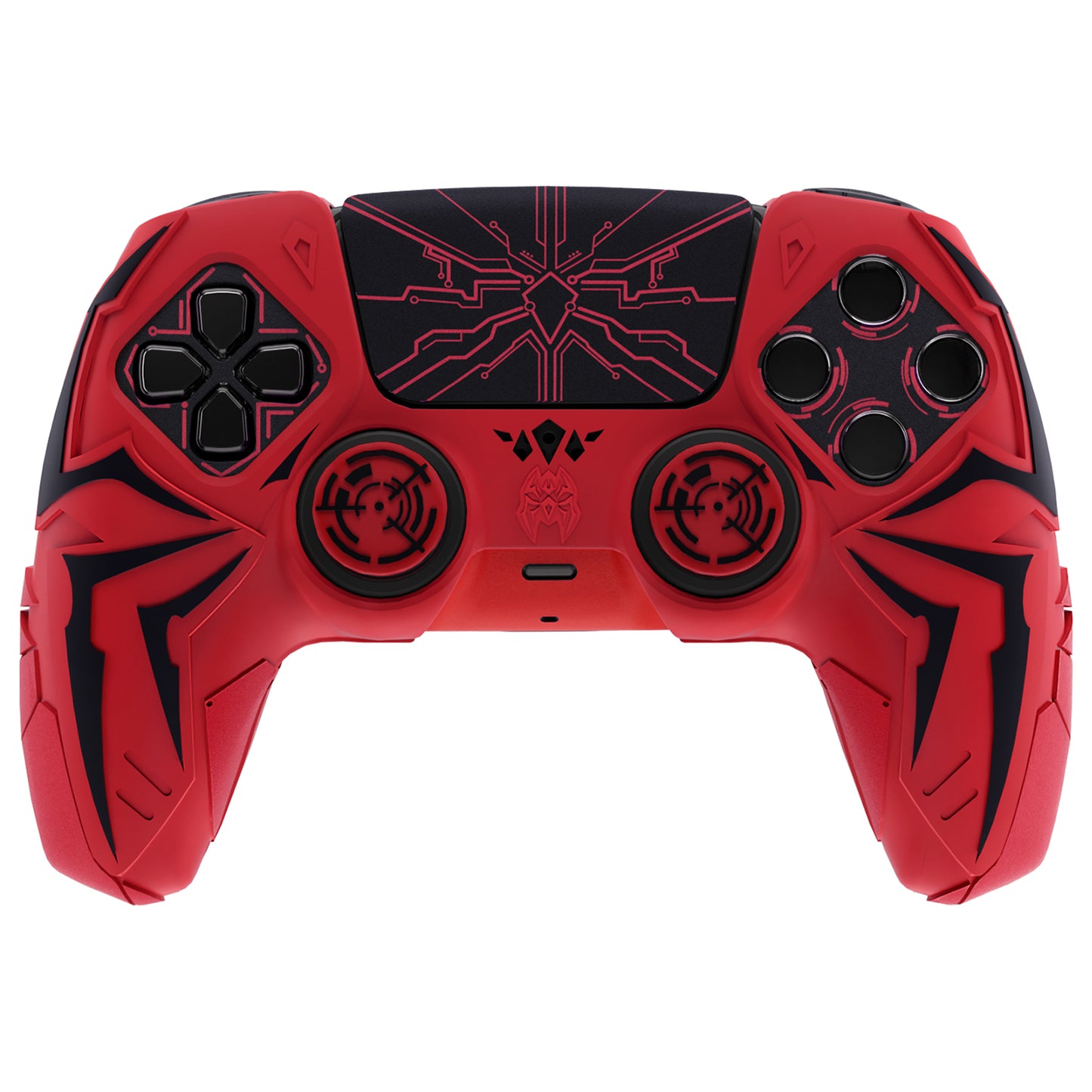 PlayVital ps5コントローラー対応用サイバースパイダーデザインシリコン保護カバー、サムグリップキャップ2個やステッカー6枚付属、充電ドック対応【レッド&ブラック】